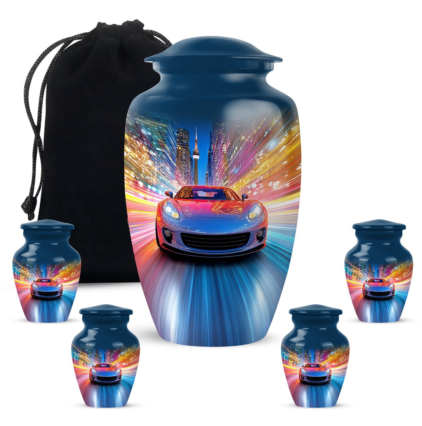 Cornflower Blue Car Cremation Urn top-down view of secure threaded lid - traditional car engraving with hand-polished finish - memorial set with one large and four small urns