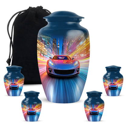 Cornflower Blue Car Cremation Urn top-down view of secure threaded lid - traditional car engraving with hand-polished finish - memorial set with one large and four small urns