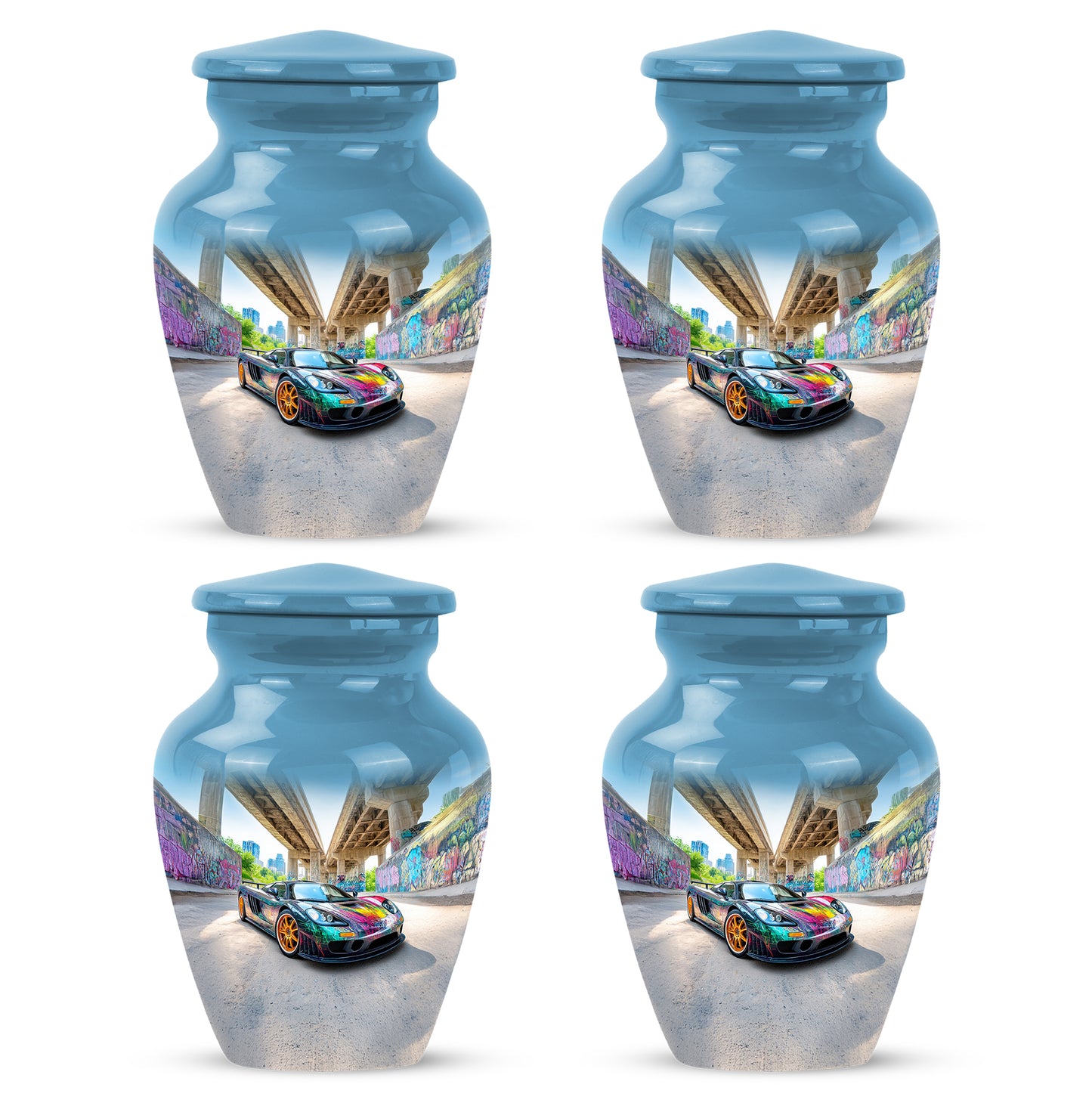 Powder Blue Car Cremation Urn side profile showing urn shape - timeless car motif etched into premium metal - 10 inch aluminum urn for cremated remains
