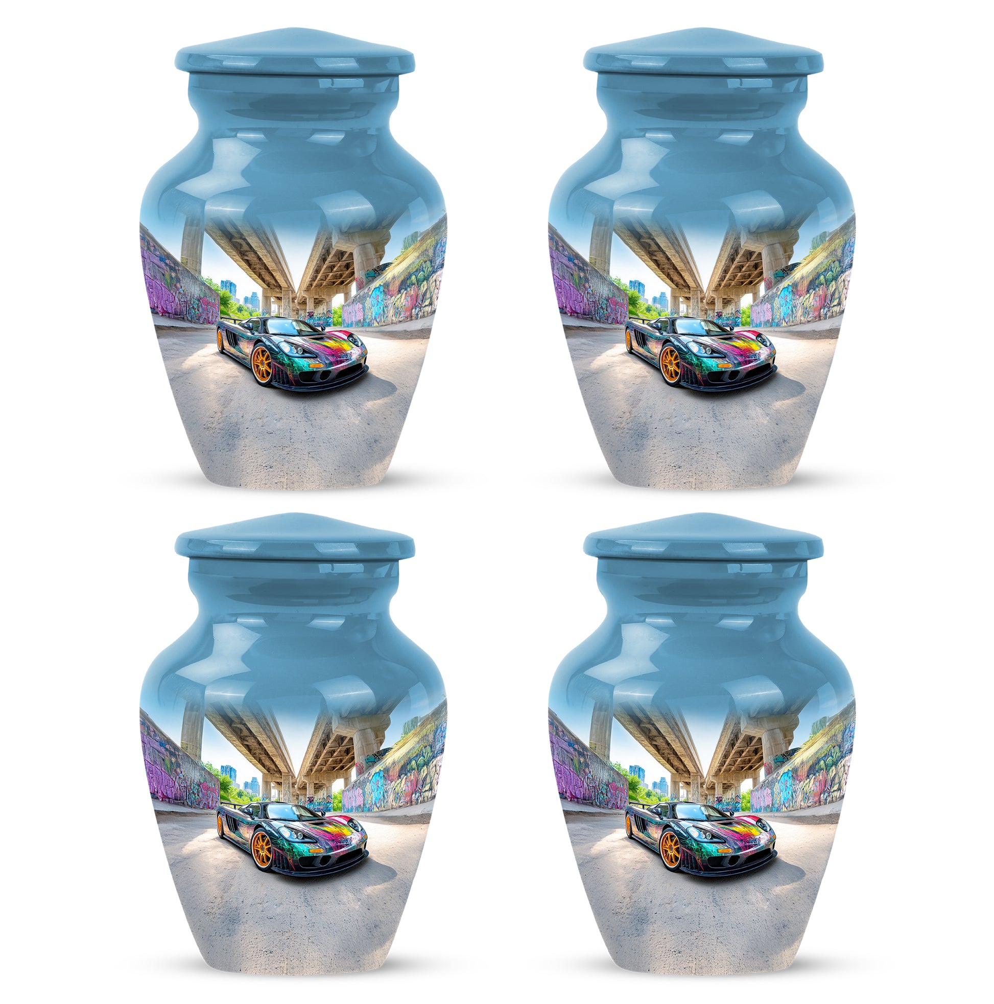 Powder Blue Car Cremation Urn side profile showing urn shape - timeless car motif etched into premium metal - 10 inch aluminum urn for cremated remains