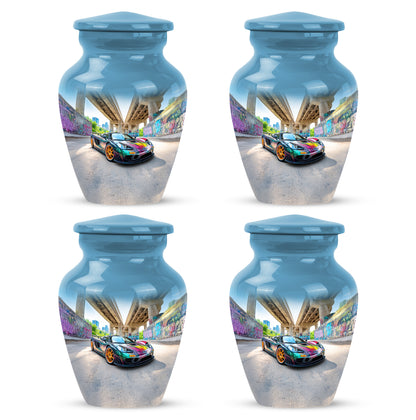 Powder Blue Car Cremation Urn side profile showing urn shape - timeless car motif etched into premium metal - 10 inch aluminum urn for cremated remains
