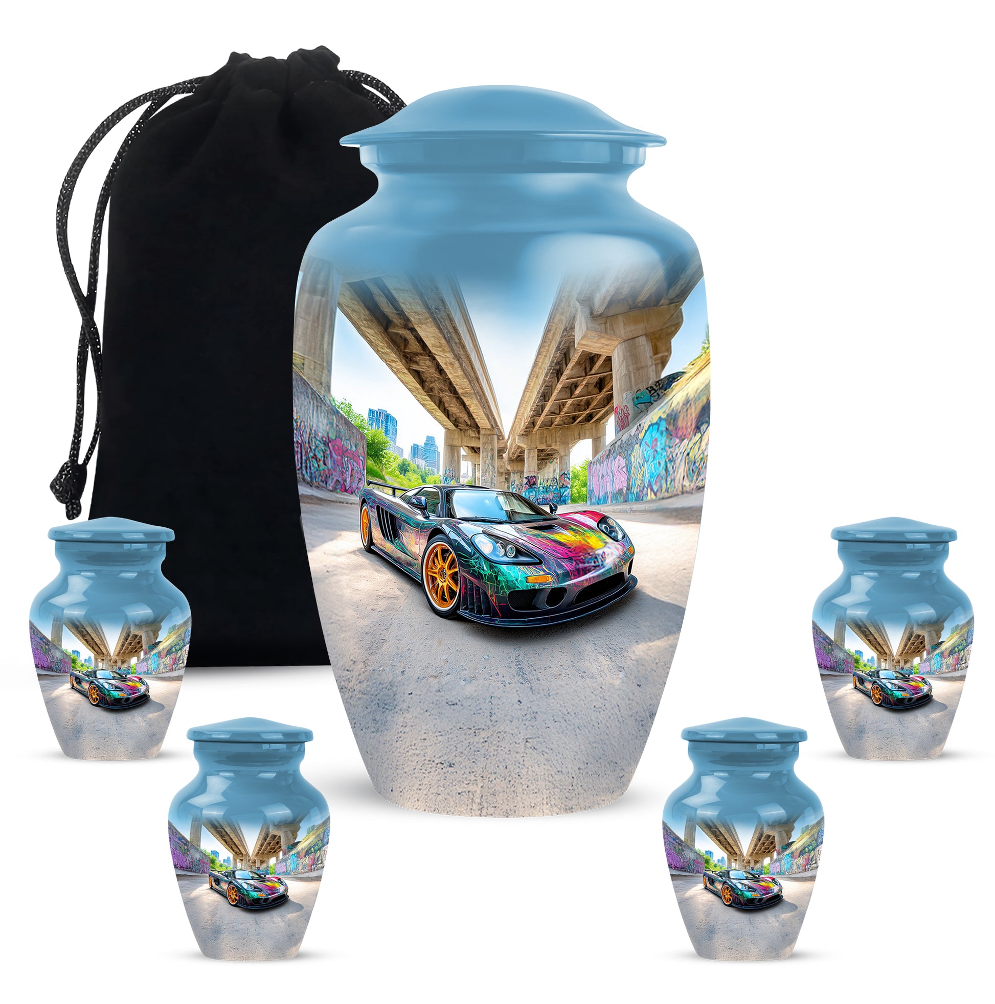Celestial Blue Car Cremation Urn top-down view of secure threaded lid - timeless car motif etched into premium metal - memorial set with one large and four small urns