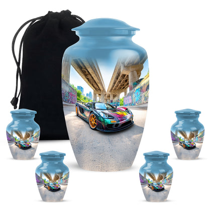 Celestial Blue Car Cremation Urn top-down view of secure threaded lid - timeless car motif etched into premium metal - memorial set with one large and four small urns