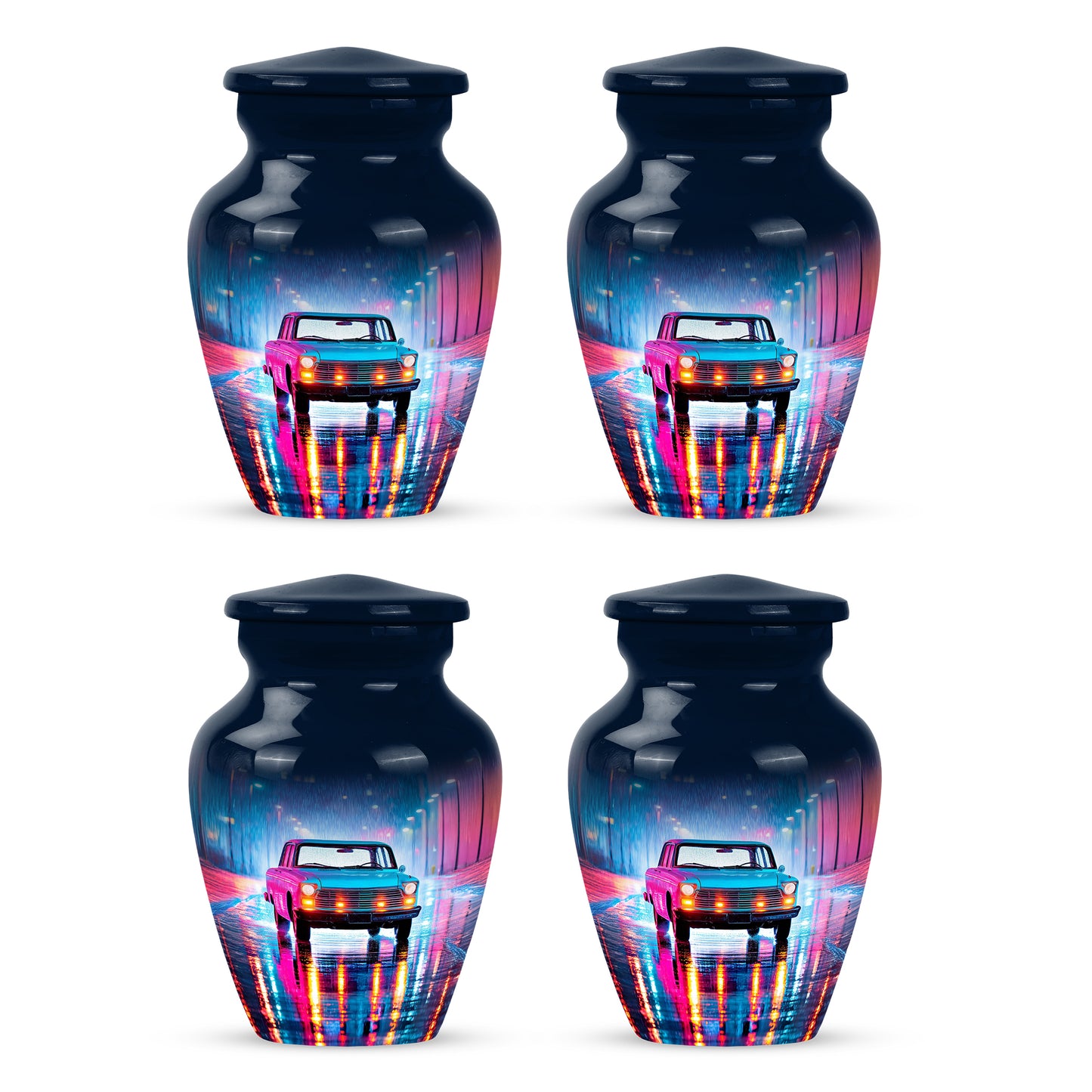 Cornflower Blue Car Cremation Urn side profile showing urn shape - traditional car engraving with hand-polished finish - 10 inch aluminum urn for cremated remains