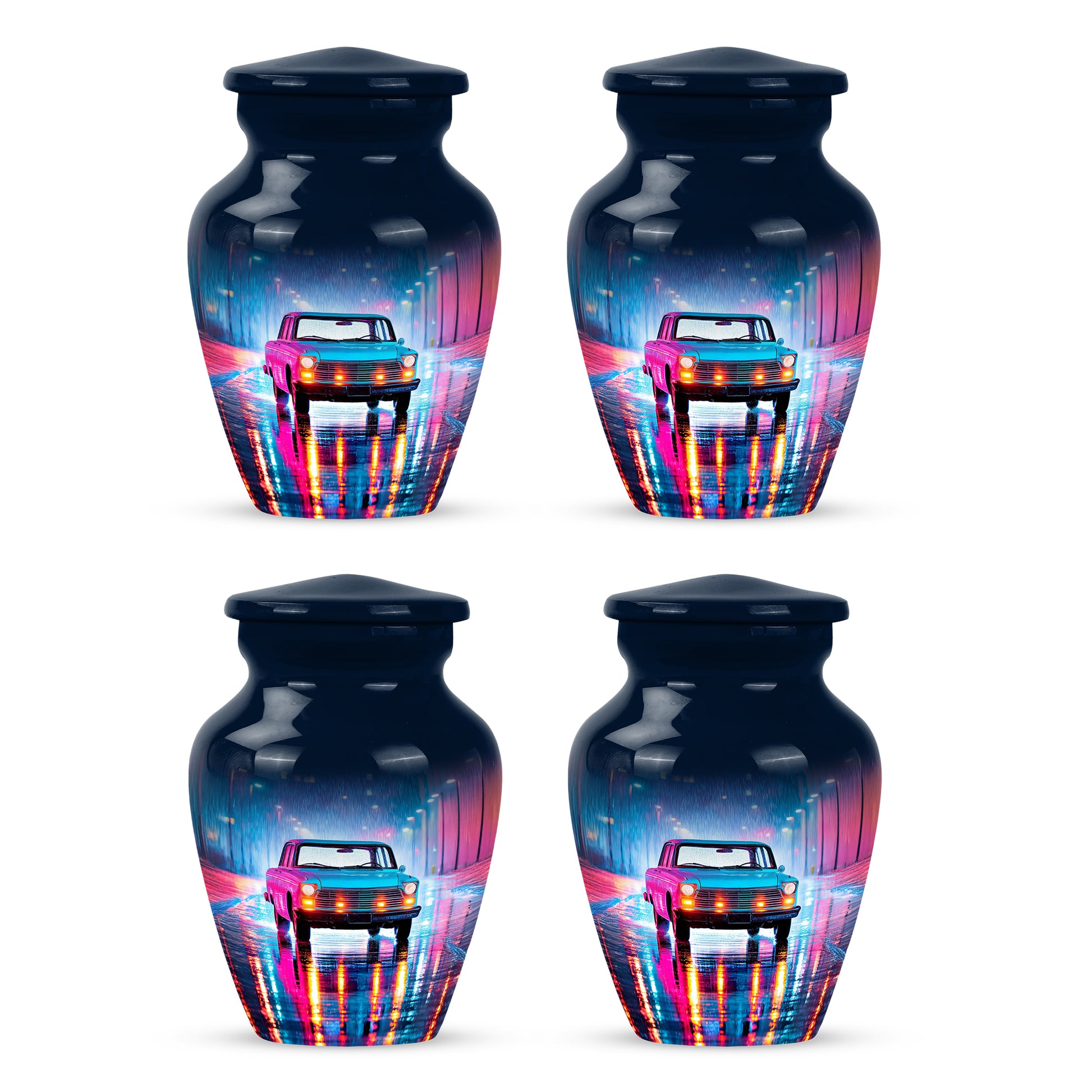 Cornflower Blue Car Cremation Urn side profile showing urn shape - traditional car engraving with hand-polished finish - 10 inch aluminum urn for cremated remains