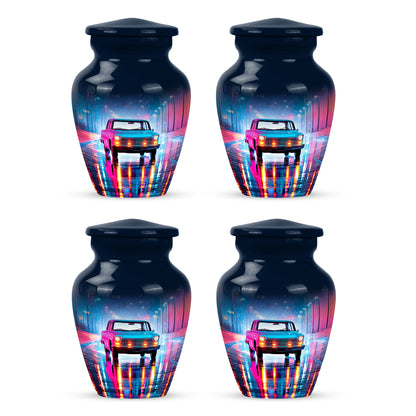 Cornflower Blue Car Cremation Urn side profile showing urn shape - traditional car engraving with hand-polished finish - 10 inch aluminum urn for cremated remains