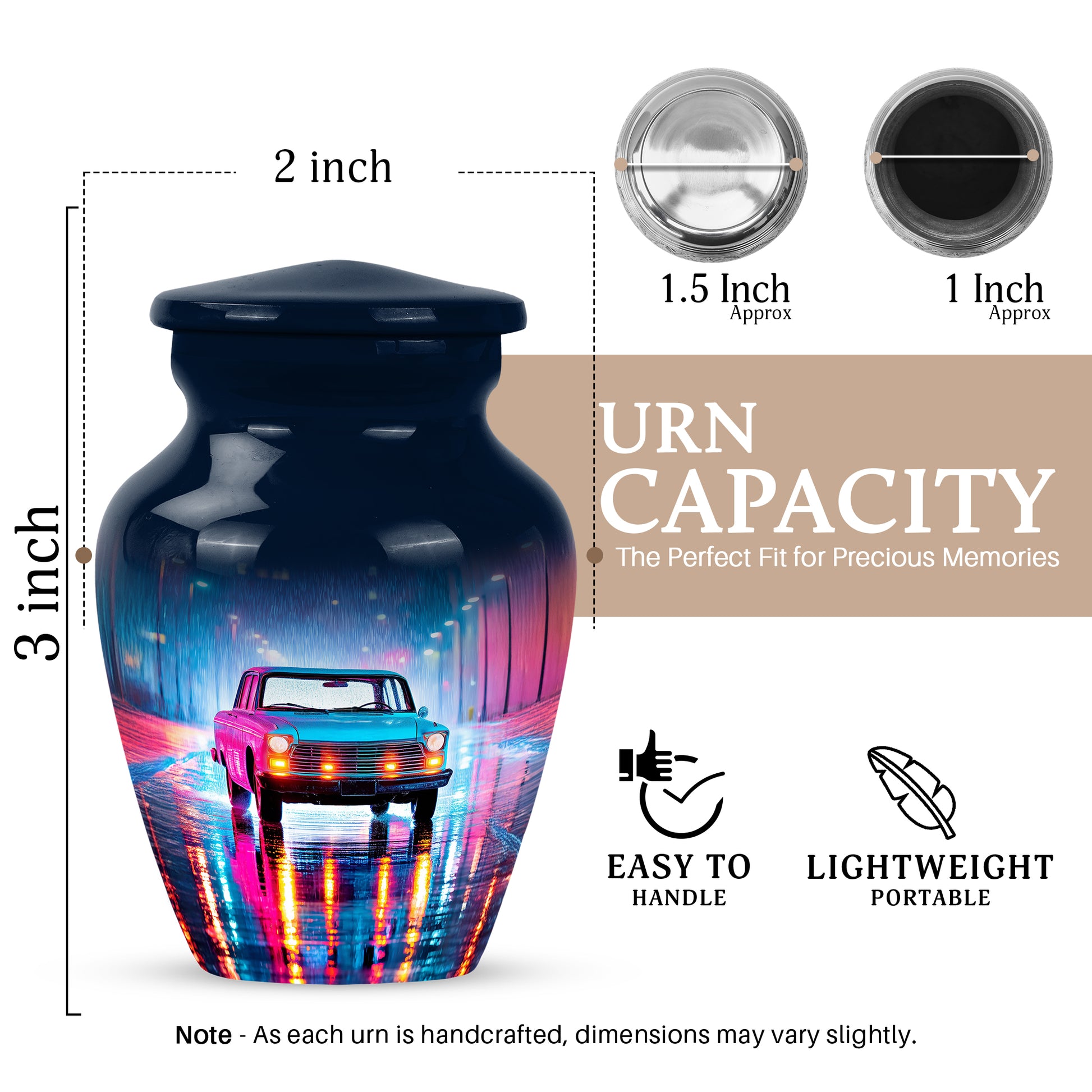 Misty Blue Car Cremation Urn close-up of engraving and surface detail - timeless car motif etched into premium metal - mini keepsake memorial for portion of cremation ashes