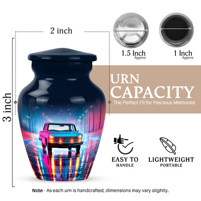 Misty Blue Car Cremation Urn close-up of engraving and surface detail - timeless car motif etched into premium metal - mini keepsake memorial for portion of cremation ashes
