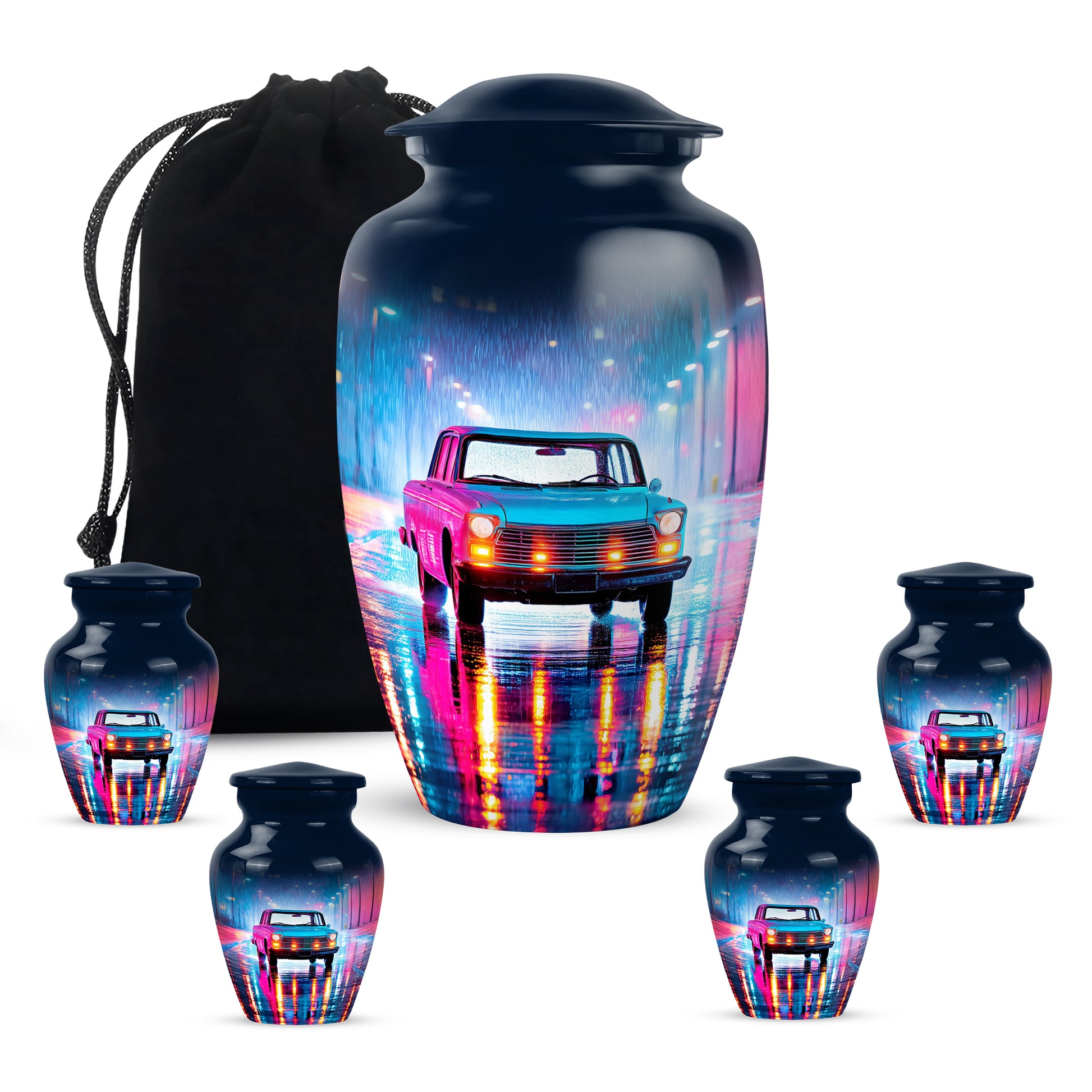 Sapphire Blue Car Cremation Urn top-down view of secure threaded lid - traditional car engraving with hand-polished finish - memorial set with one large and four small urns