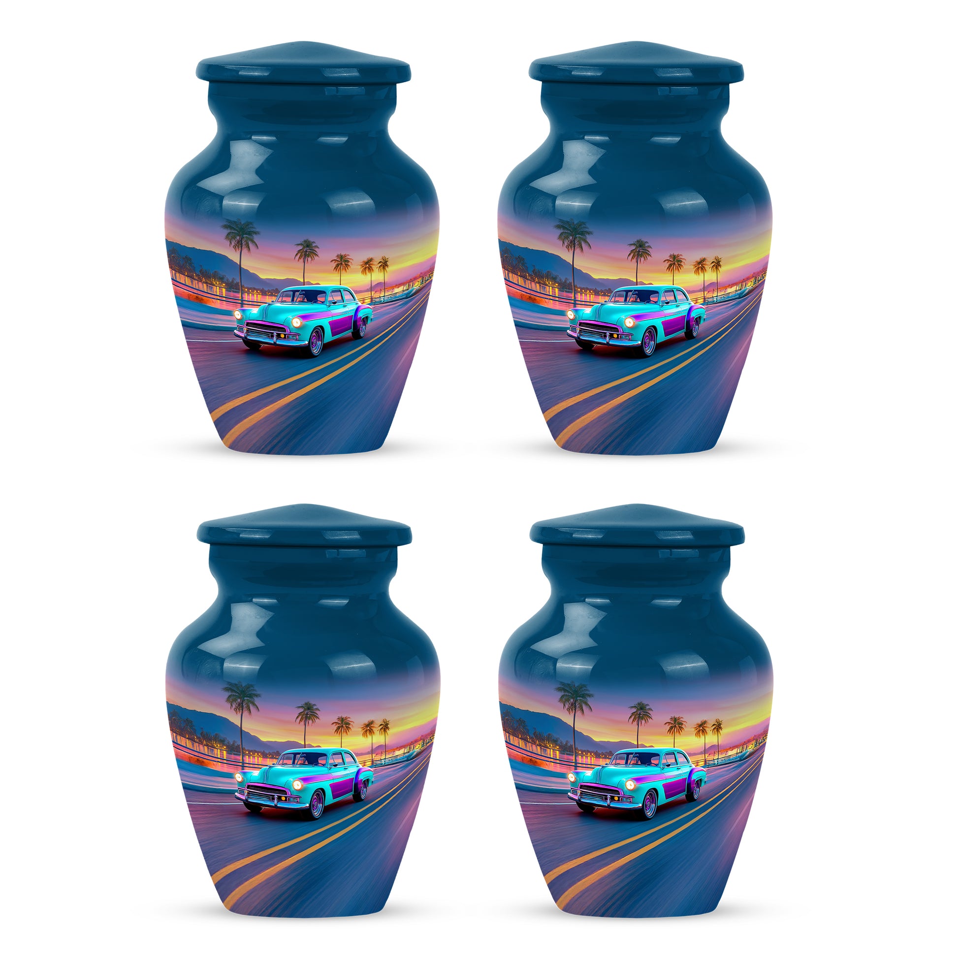Cornflower Blue Car Cremation Urn side profile showing urn shape - traditional car engraving with hand-polished finish - 10 inch aluminum urn for cremated remains