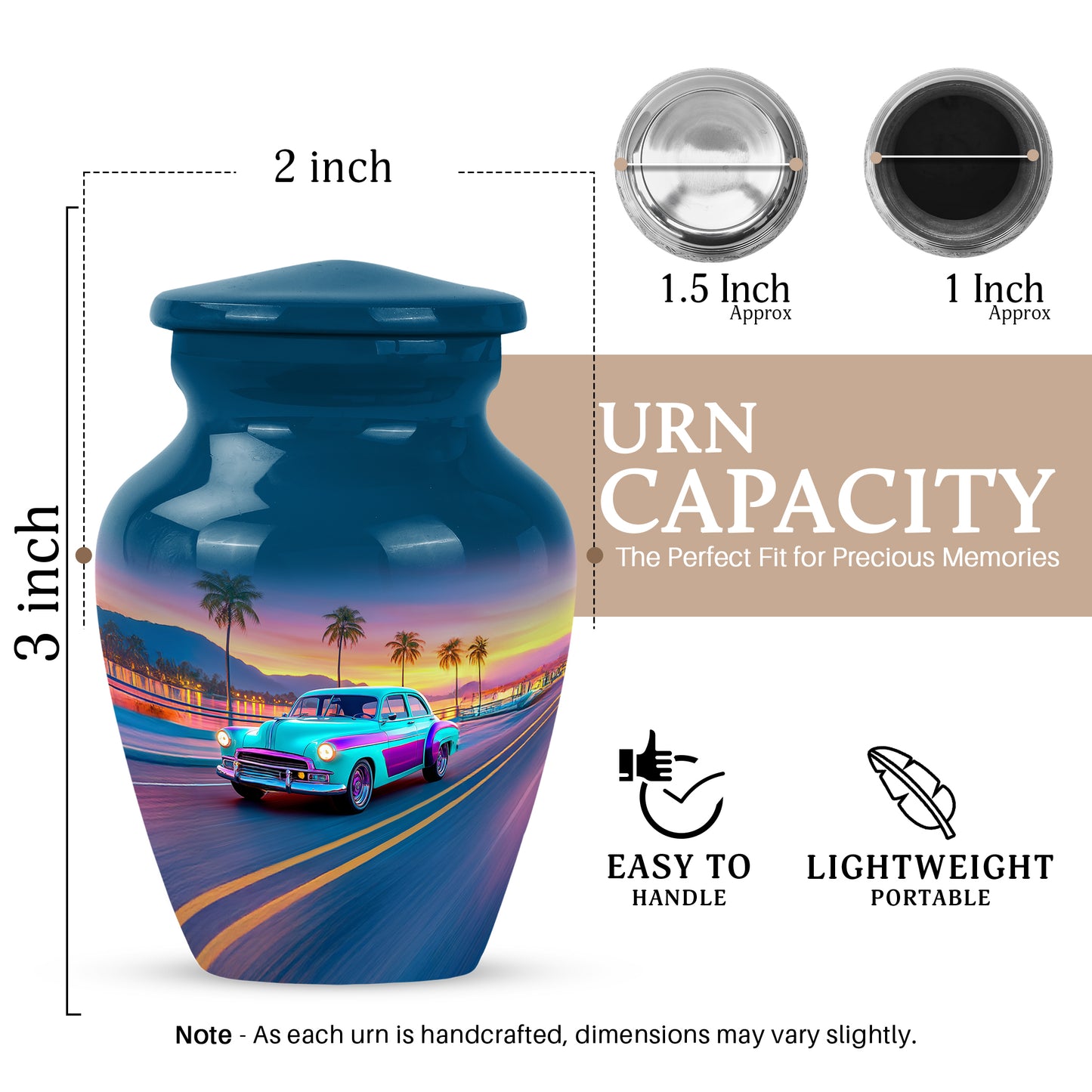 Pastel Blue Car Cremation Urn close-up of engraving and surface detail - timeless car motif etched into premium metal - mini keepsake memorial for portion of cremation ashes