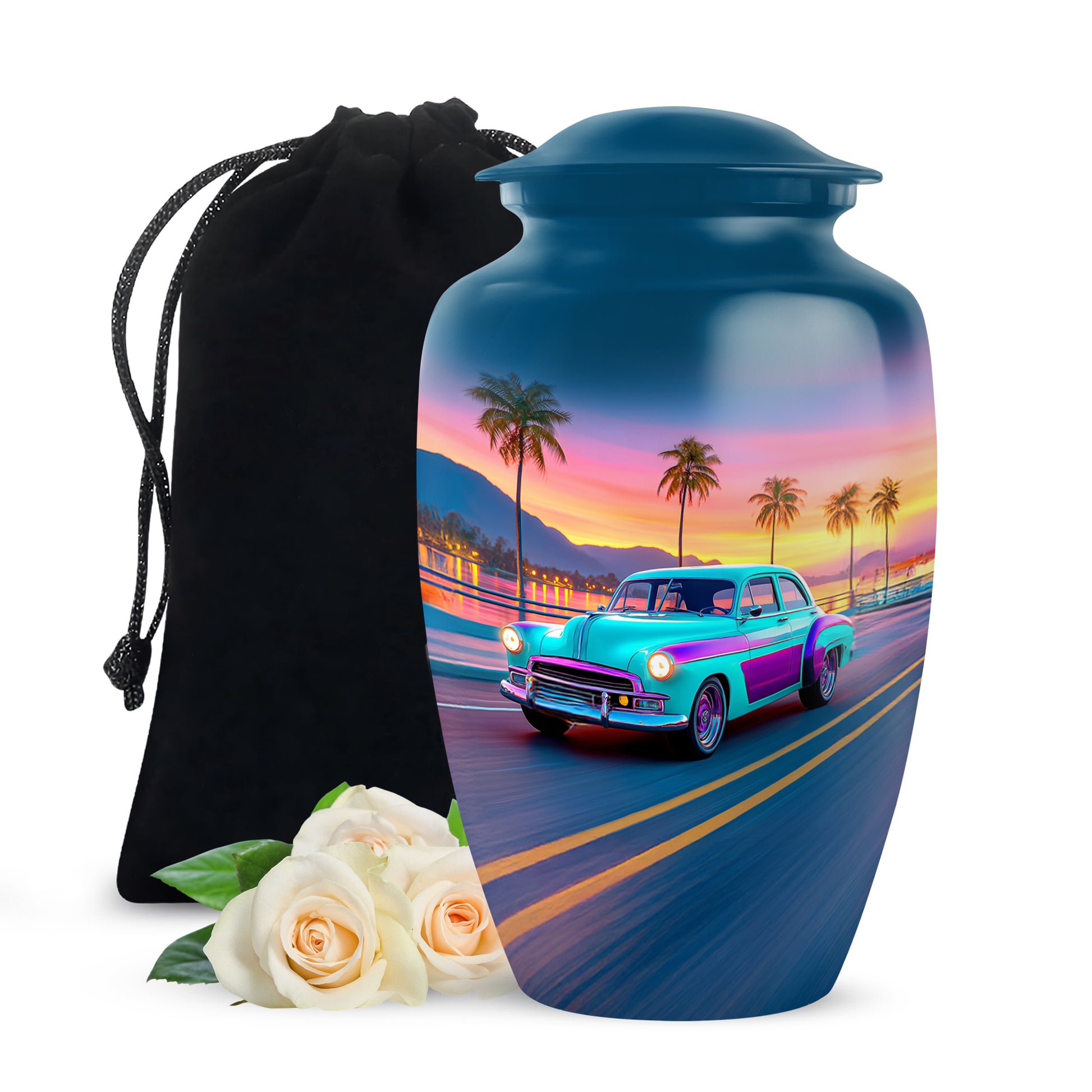 Calming Blue Car Cremation Urn angled view of lid and engraved motif - elegant classic car relief with fine detailing - full-size 10 inch 200 cubic inch adult cremation urn