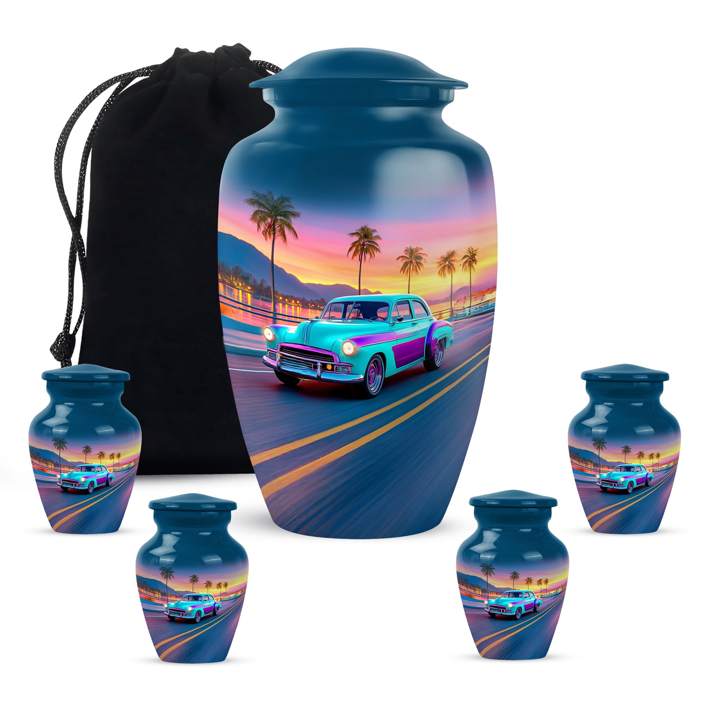 Sky Blue Car Cremation Urn top-down view of secure threaded lid - timeless car motif etched into premium metal - memorial set with one large and four small urns