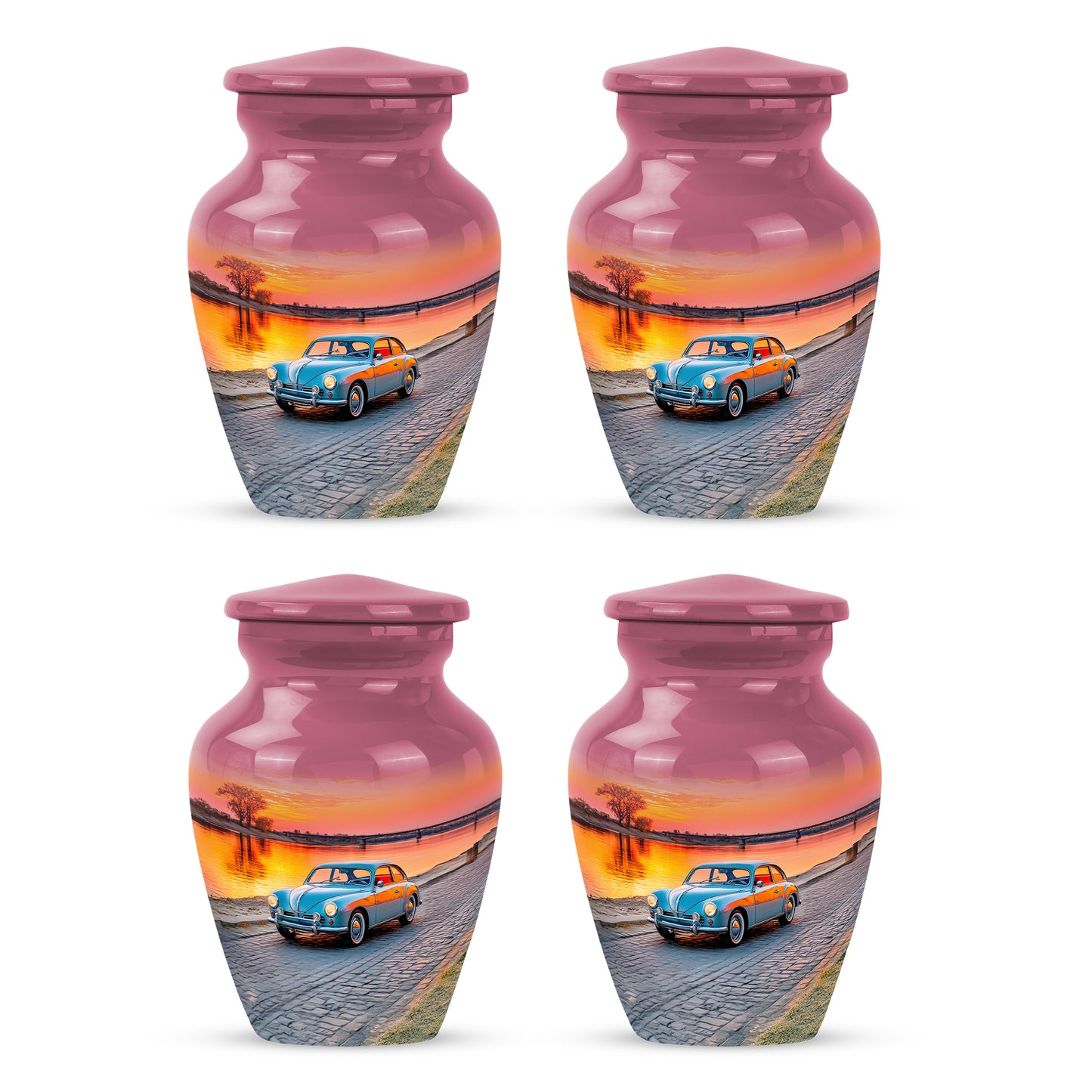 Pastel Pink Car Cremation Urn side profile showing urn shape - timeless car motif etched into premium metal - 10 inch aluminum urn for cremated remains