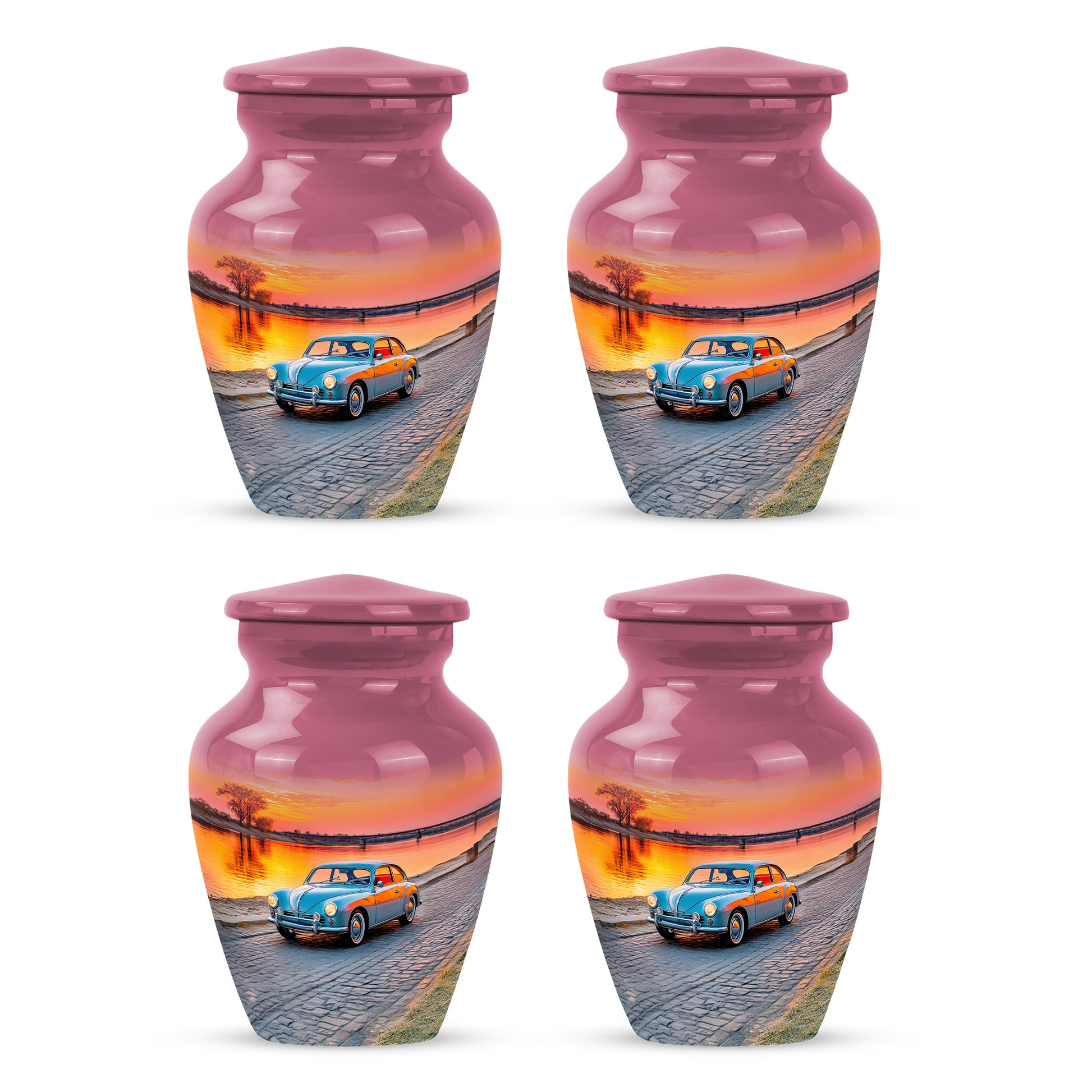 Pastel Pink Car Cremation Urn side profile showing urn shape - timeless car motif etched into premium metal - 10 inch aluminum urn for cremated remains