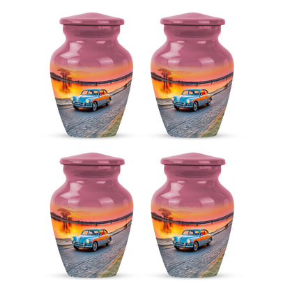 Pastel Pink Car Cremation Urn side profile showing urn shape - timeless car motif etched into premium metal - 10 inch aluminum urn for cremated remains