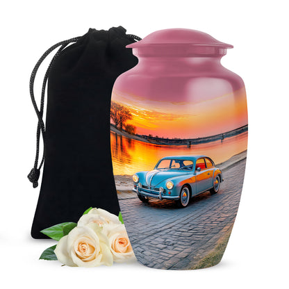 Coral Pink Car Cremation Urn angled view of lid and engraved motif - classic sculpted car pattern on smooth aluminum - full-size 10 inch 200 cubic inch adult cremation urn