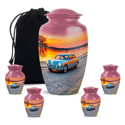 Coral Pink Car Cremation Urn top-down view of secure threaded lid - classic sculpted car pattern on smooth aluminum - memorial set with one large and four small urns