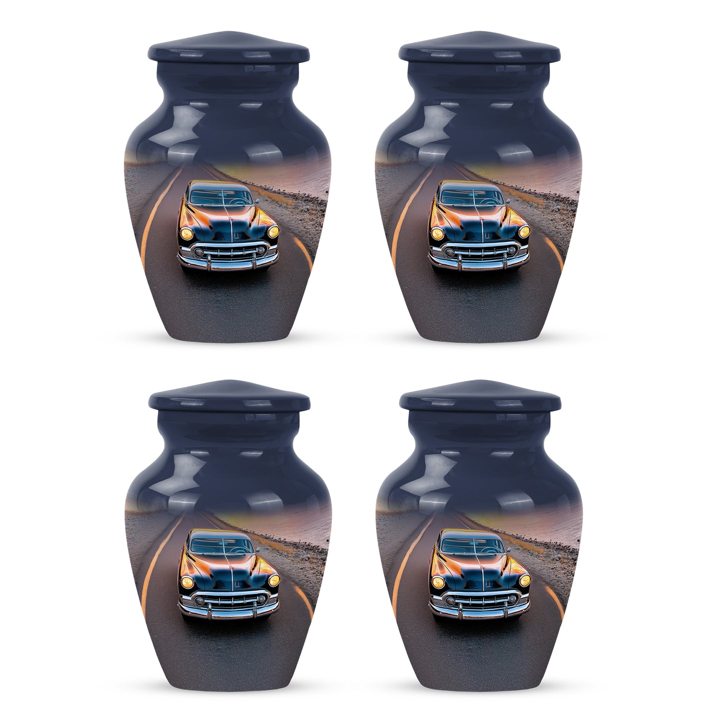 Bright Blue Car Cremation Urn side profile showing urn shape - traditional car engraving with hand-polished finish - 10 inch aluminum urn for cremated remains