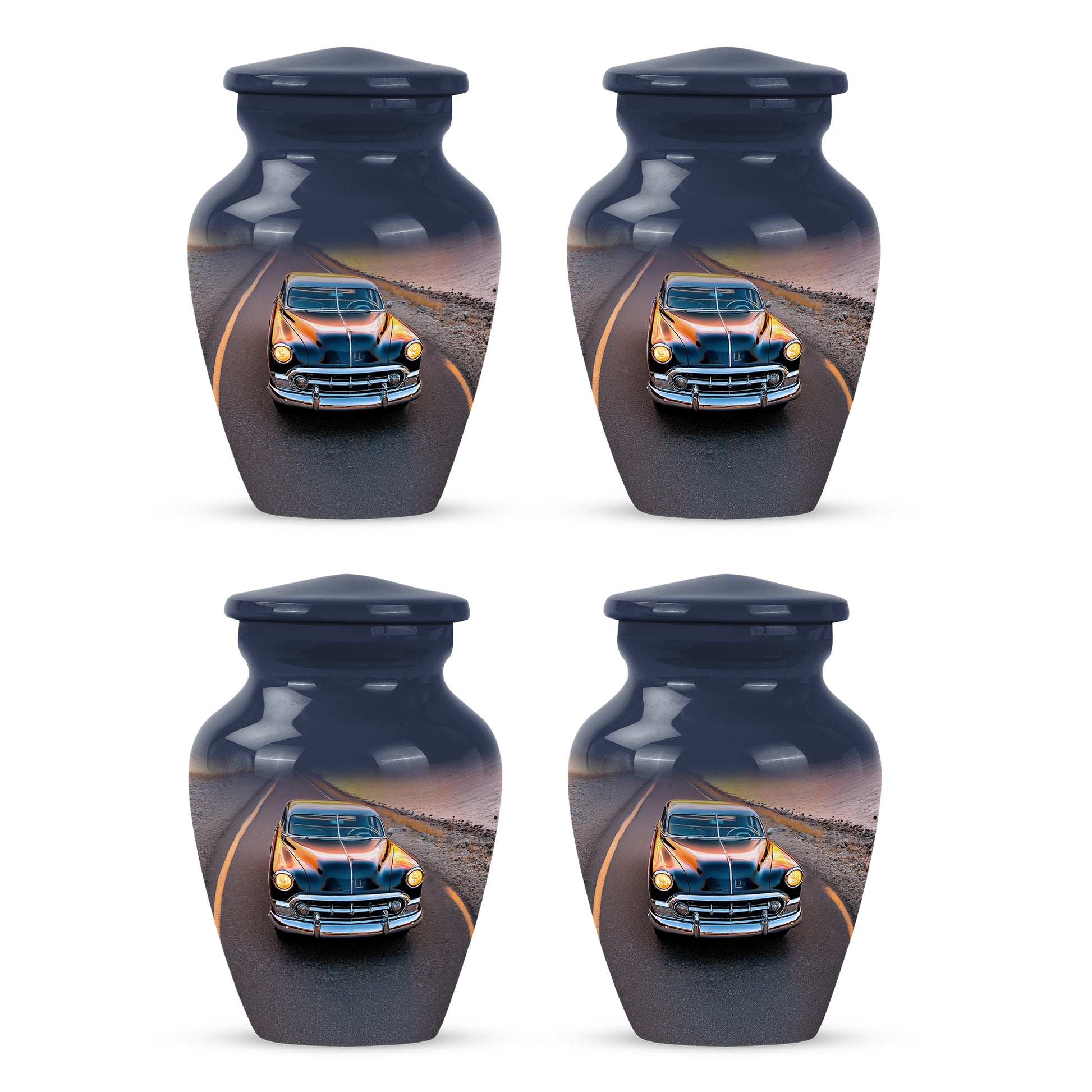 Bright Blue Car Cremation Urn side profile showing urn shape - traditional car engraving with hand-polished finish - 10 inch aluminum urn for cremated remains