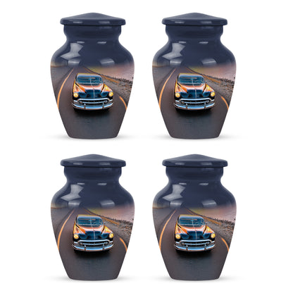 Bright Blue Car Cremation Urn side profile showing urn shape - traditional car engraving with hand-polished finish - 10 inch aluminum urn for cremated remains