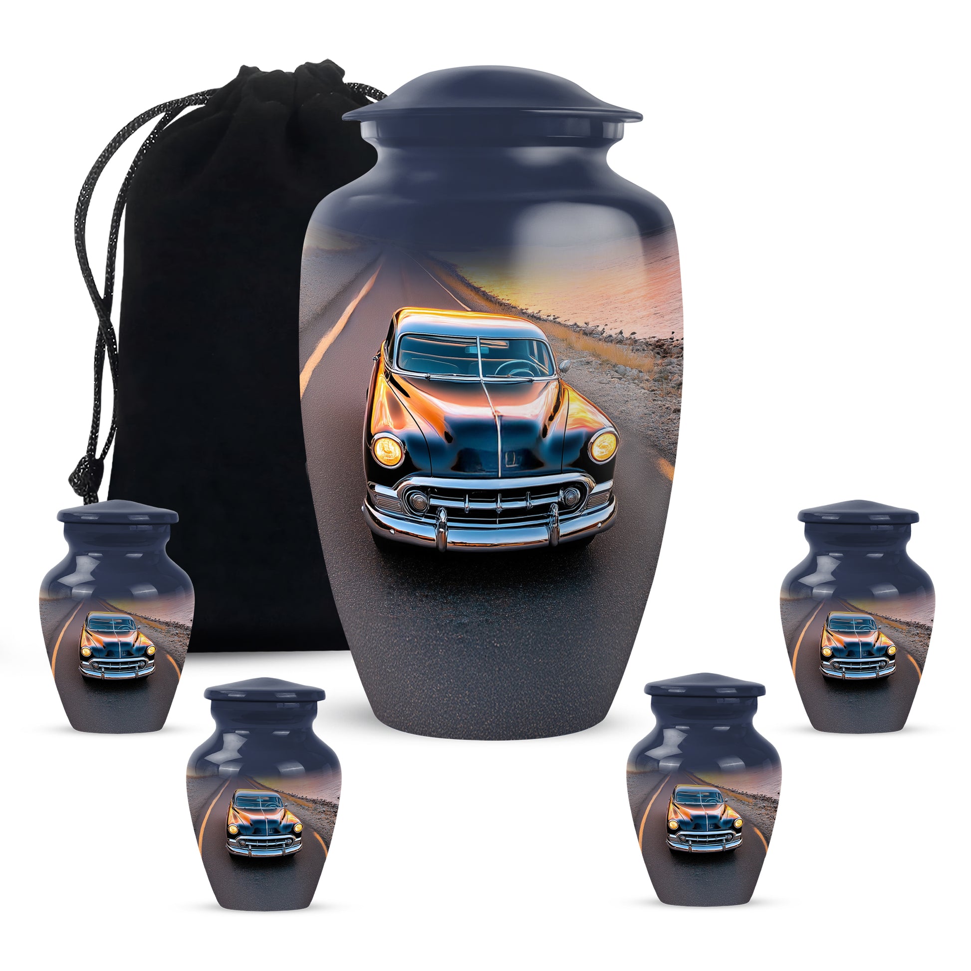Navy Blue Car Cremation Urn top-down view of secure threaded lid - timeless car motif etched into premium metal - memorial set with one large and four small urns