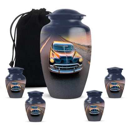 Navy Blue Car Cremation Urn top-down view of secure threaded lid - timeless car motif etched into premium metal - memorial set with one large and four small urns