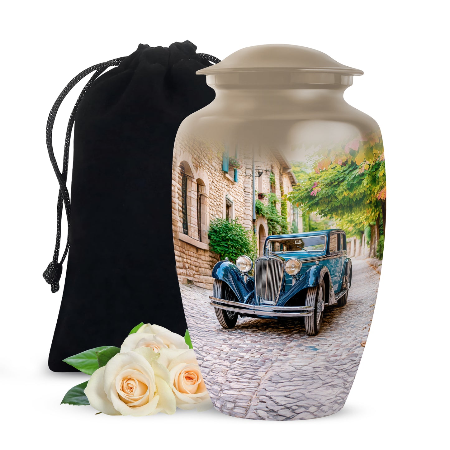 Sunrise Gold Car Cremation Urn angled view of lid and engraved motif - timeless car motif etched into premium metal - full-size 10 inch 200 cubic inch adult cremation urn