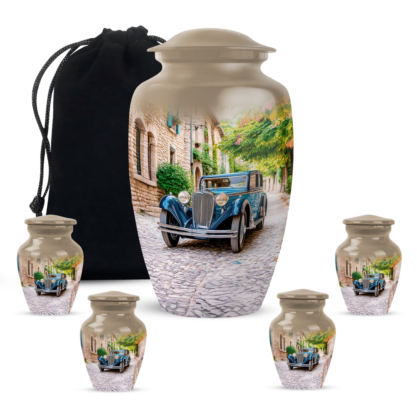 Burnished Gold Car Cremation Urn top-down view of secure threaded lid - traditional car engraving with hand-polished finish - memorial set with one large and four small urns