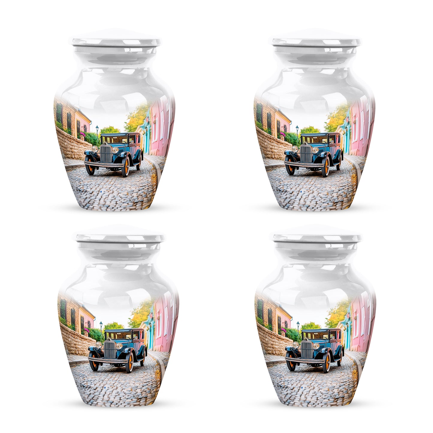 Pearl White Car Cremation Urn side profile showing urn shape - elegant classic car relief with fine detailing - 10 inch aluminum urn for cremated remains