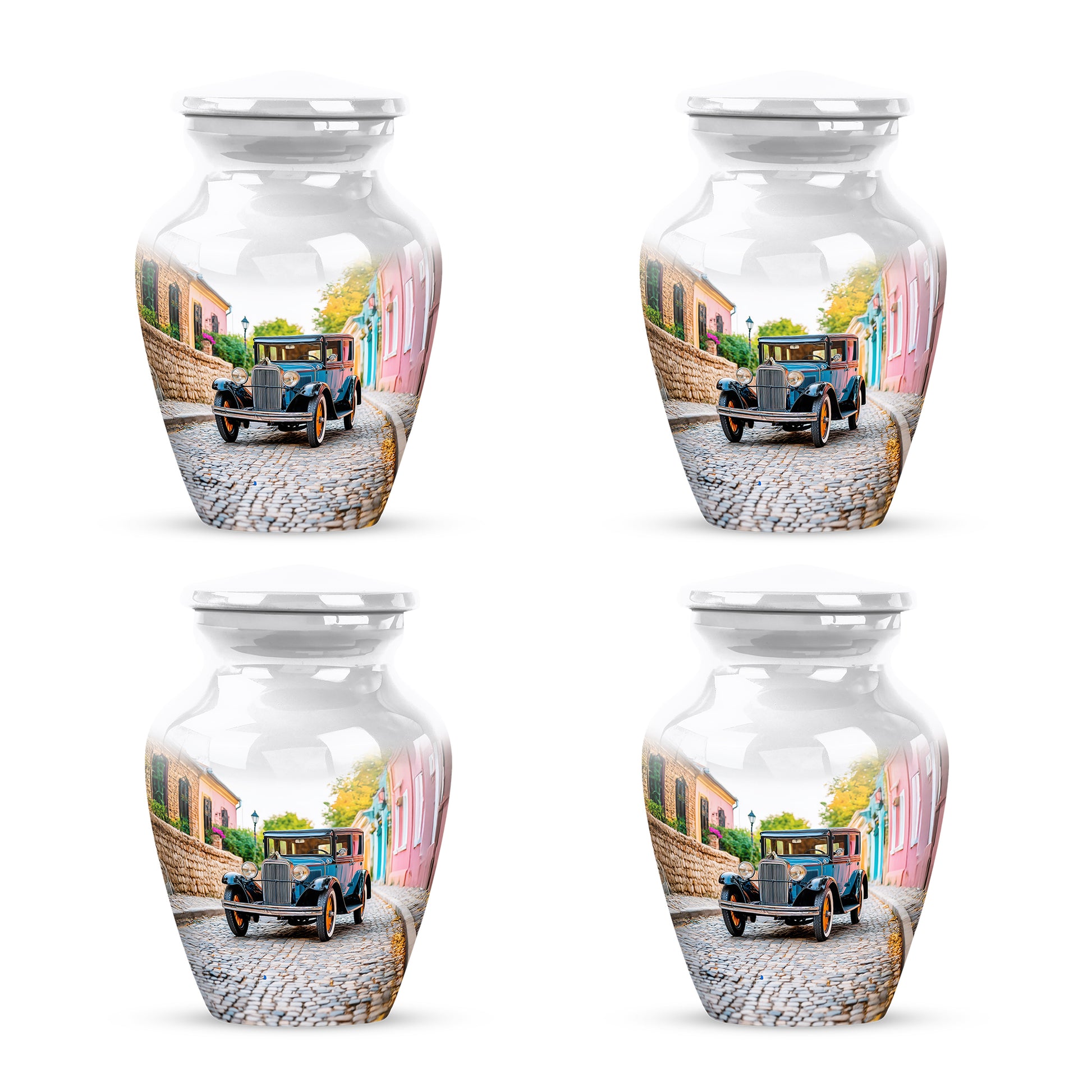 Pearl White Car Cremation Urn side profile showing urn shape - elegant classic car relief with fine detailing - 10 inch aluminum urn for cremated remains