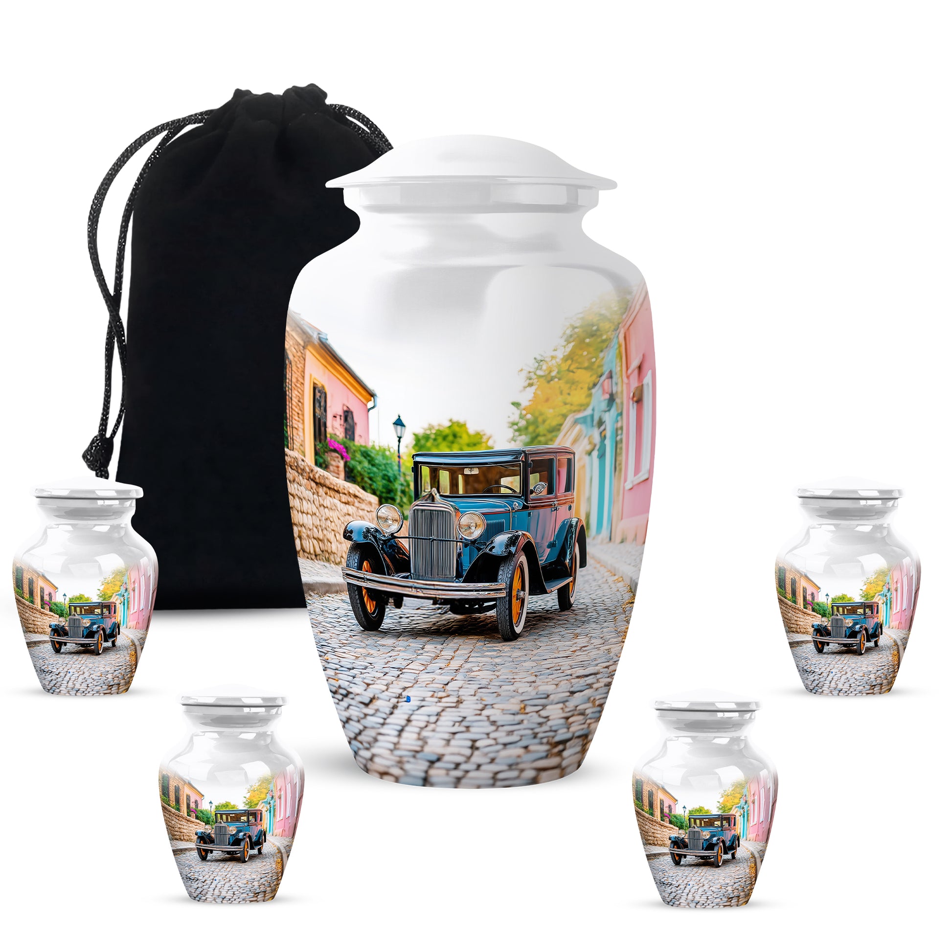 Silk White Car Cremation Urn top-down view of secure threaded lid - elegant classic car relief with fine detailing - memorial set with one large and four small urns