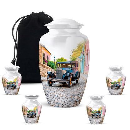 Silk White Car Cremation Urn top-down view of secure threaded lid - elegant classic car relief with fine detailing - memorial set with one large and four small urns