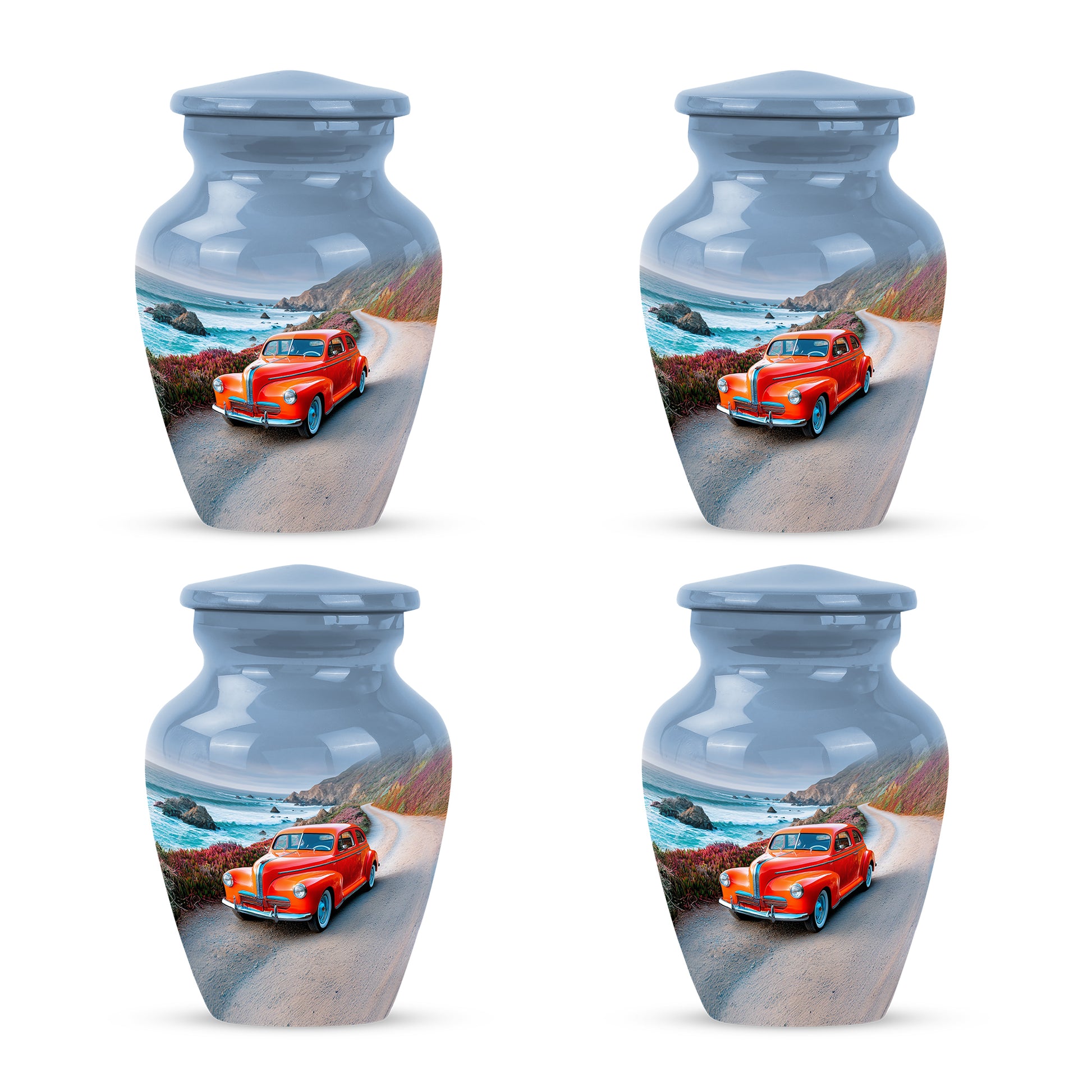 Icy Blue Car Cremation Urn side profile showing urn shape - classic sculpted car pattern on smooth aluminum - 10 inch aluminum urn for cremated remains