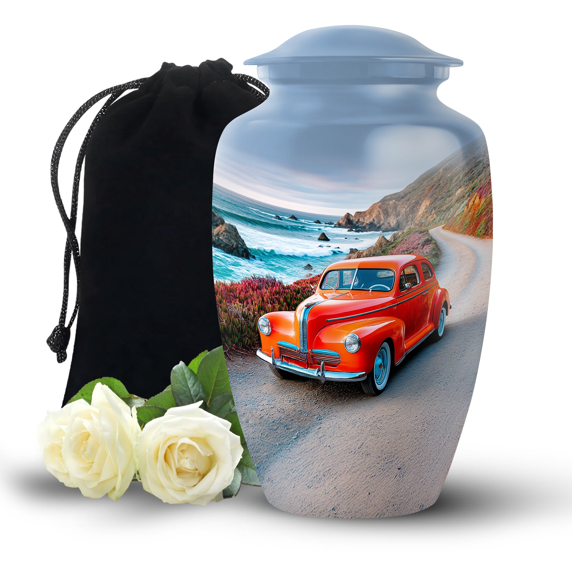 Twilight Blue Car Cremation Urn angled view of lid and engraved motif - traditional car engraving with hand-polished finish - full-size 10 inch 200 cubic inch adult cremation urn