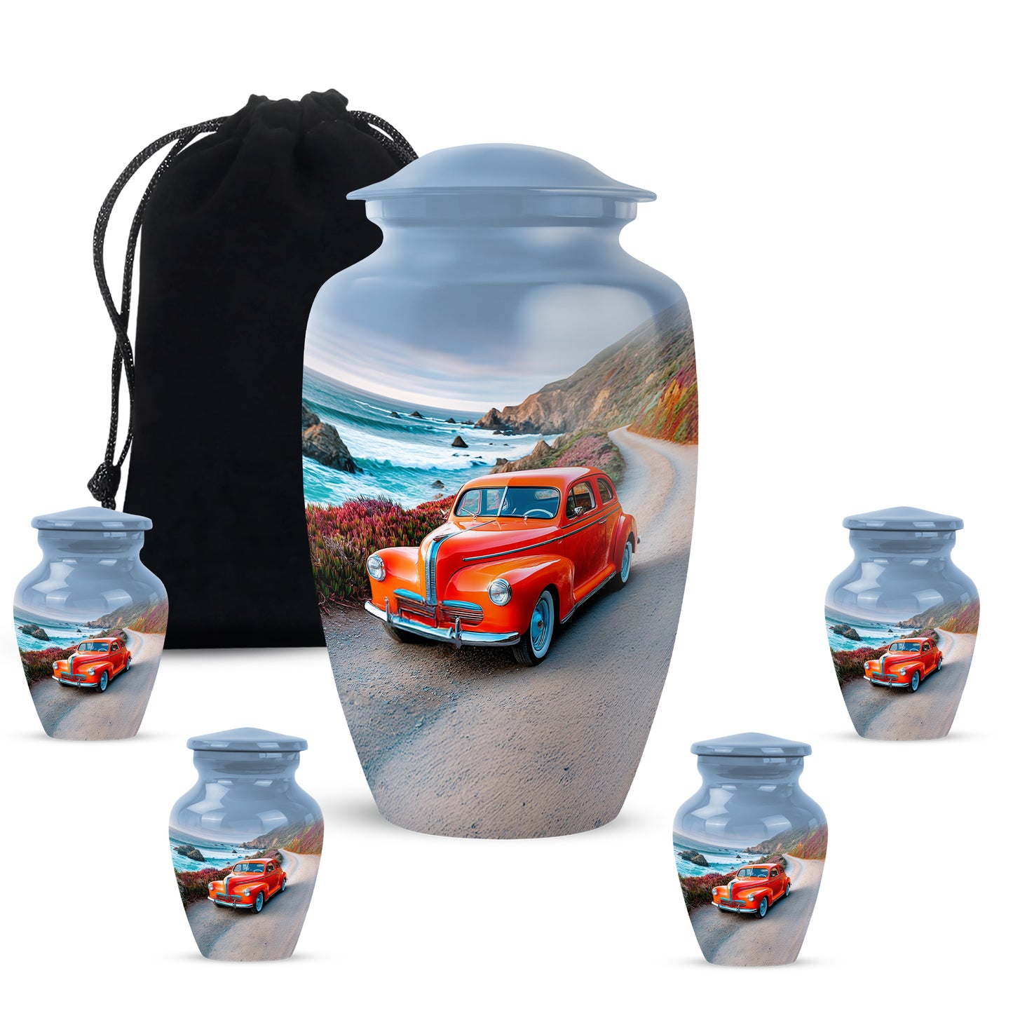 Slate Blue Car Cremation Urn top-down view of secure threaded lid - classic sculpted car pattern on smooth aluminum - memorial set with one large and four small urns