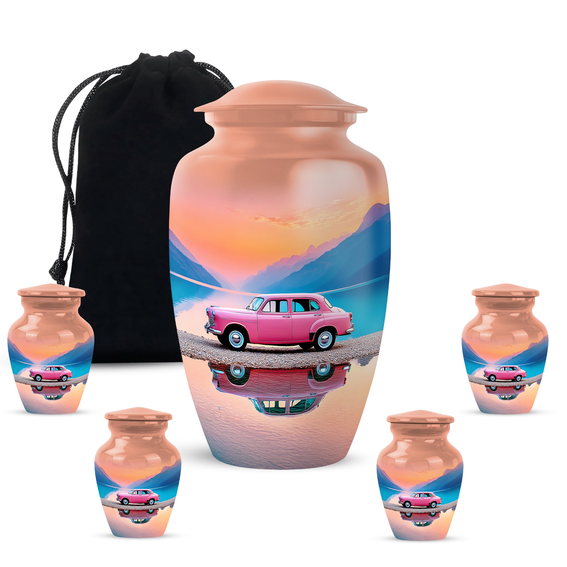 Ruby Red Car Cremation Urn top-down view of secure threaded lid - elegant classic car relief with fine detailing - memorial set with one large and four small urns