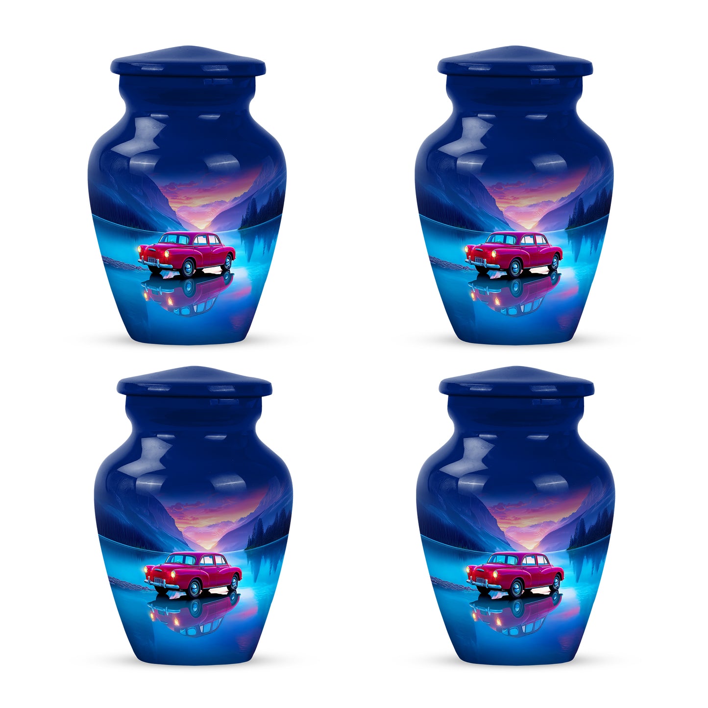 Bright Blue Car Cremation Urn side profile showing urn shape - elegant classic car relief with fine detailing - 10 inch aluminum urn for cremated remains