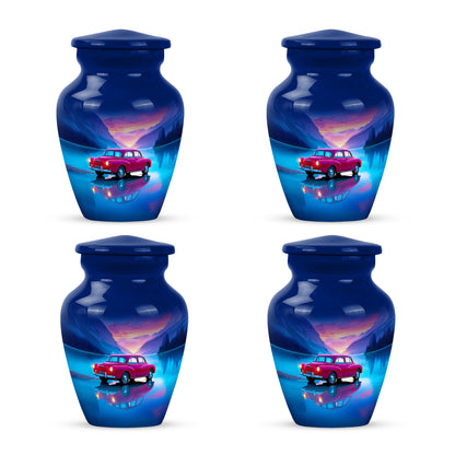 Bright Blue Car Cremation Urn side profile showing urn shape - elegant classic car relief with fine detailing - 10 inch aluminum urn for cremated remains