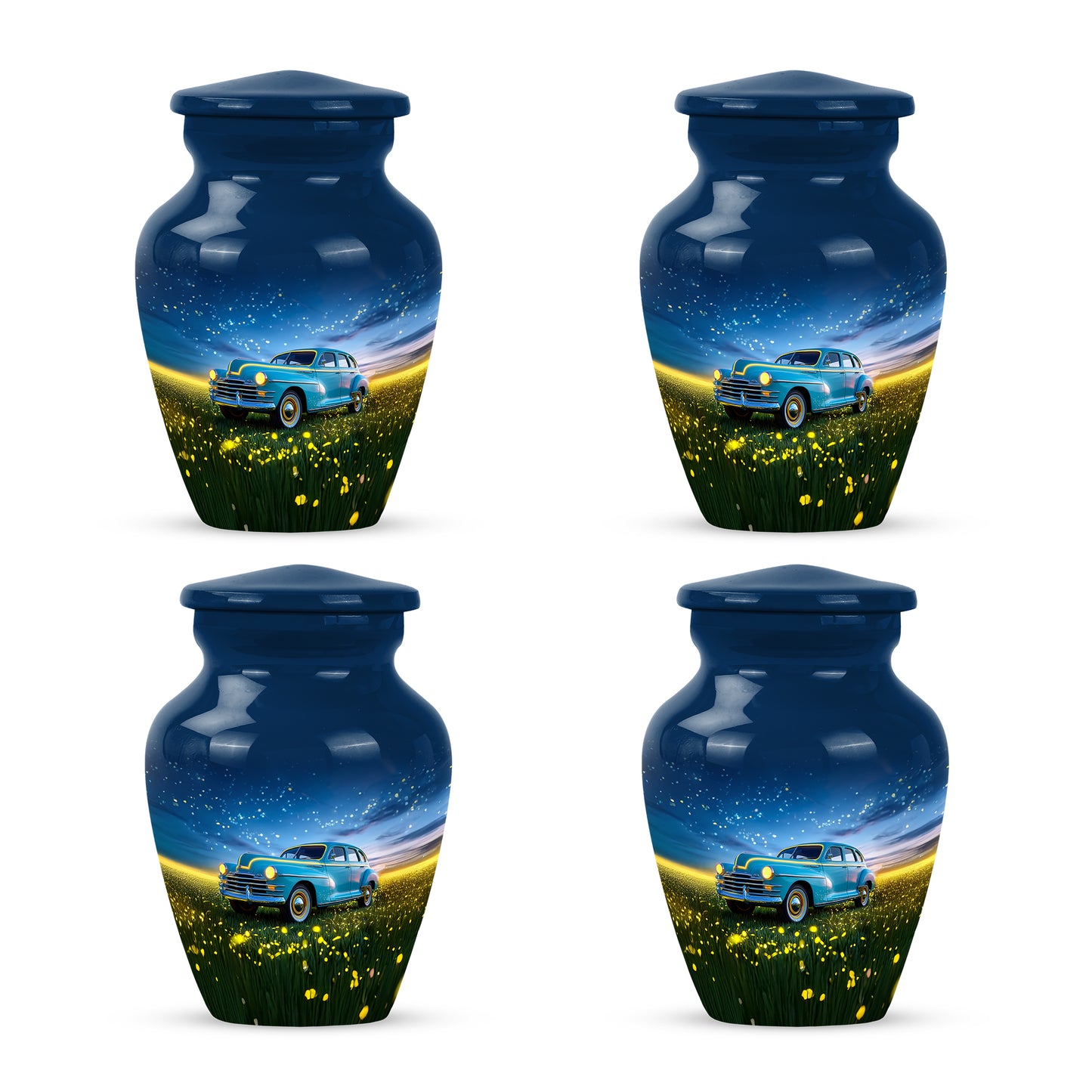 Cobalt Blue Car Cremation Urn side profile showing urn shape - traditional car engraving with hand-polished finish - 10 inch aluminum urn for cremated remains