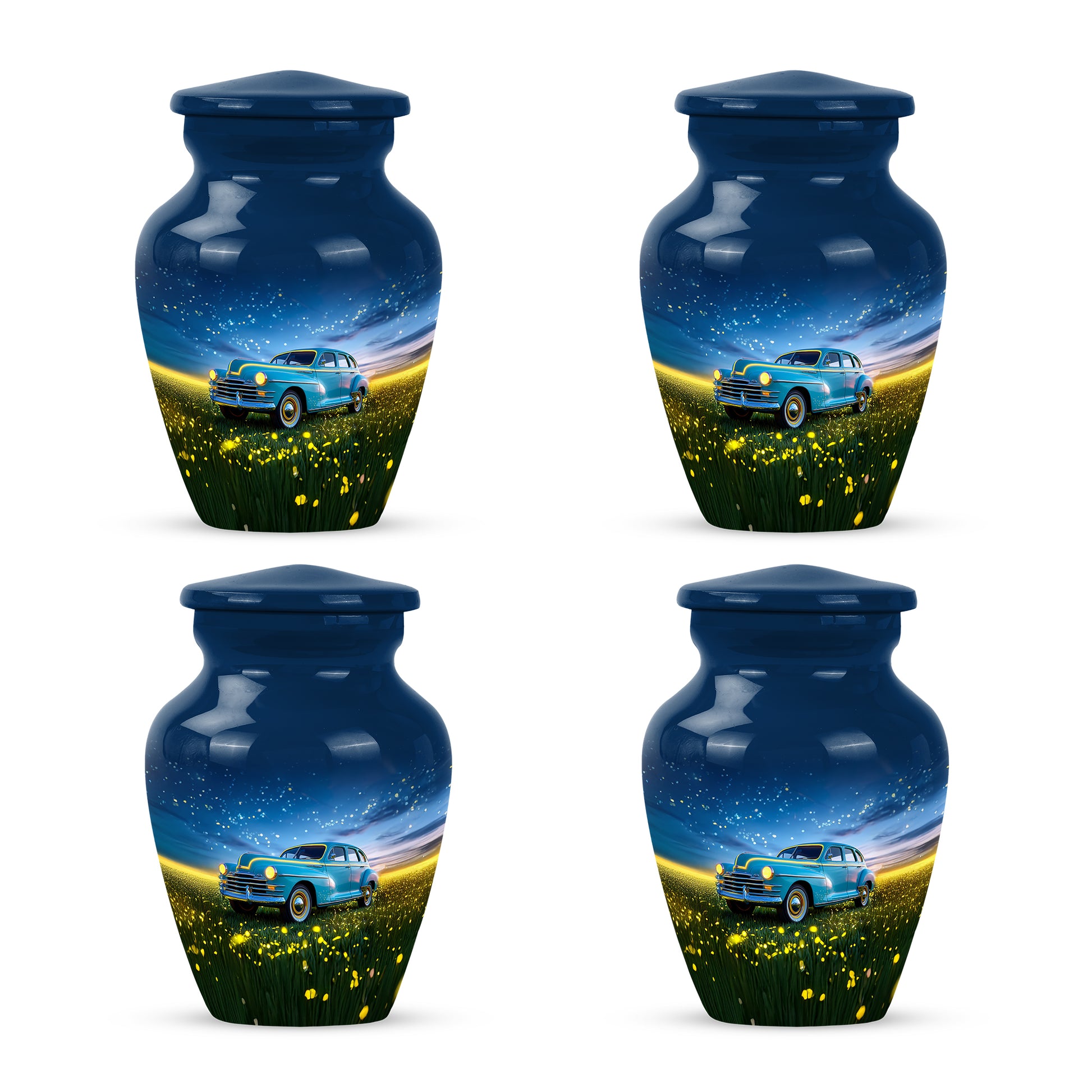 Cobalt Blue Car Cremation Urn side profile showing urn shape - traditional car engraving with hand-polished finish - 10 inch aluminum urn for cremated remains