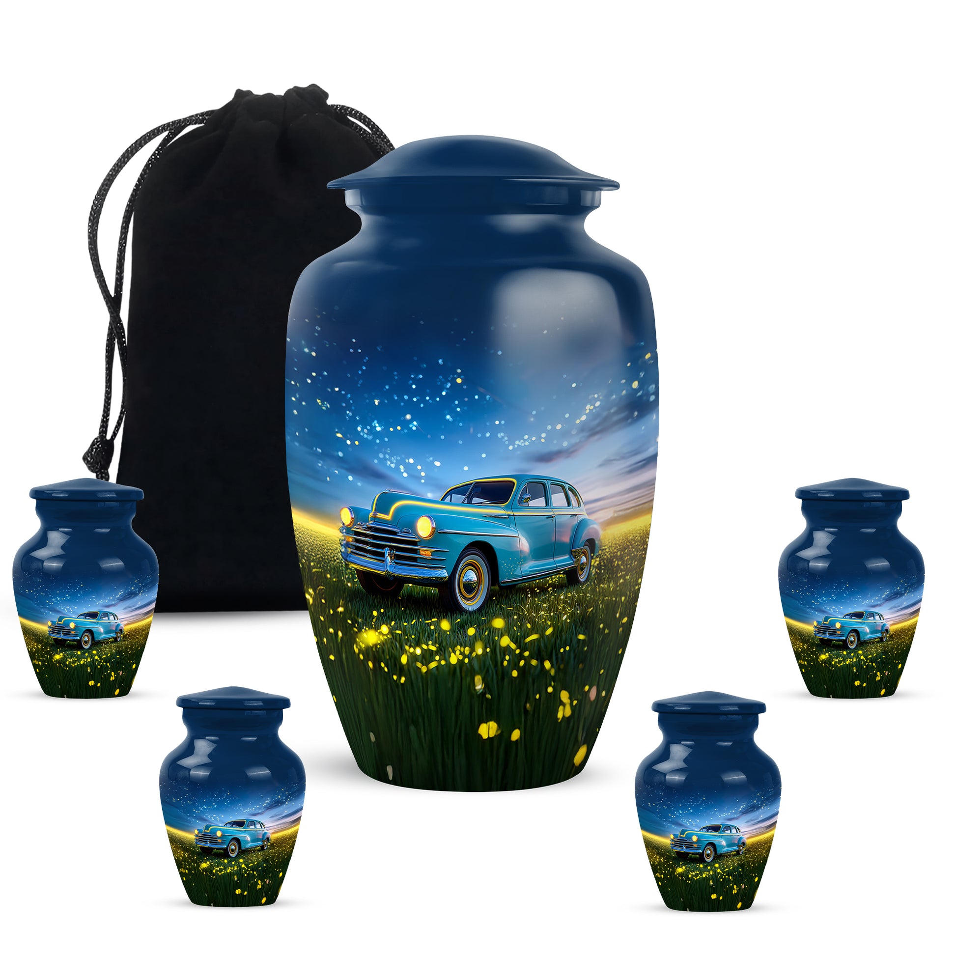 Vivid Blue Car Cremation Urn top-down view of secure threaded lid - traditional car engraving with hand-polished finish - memorial set with one large and four small urns