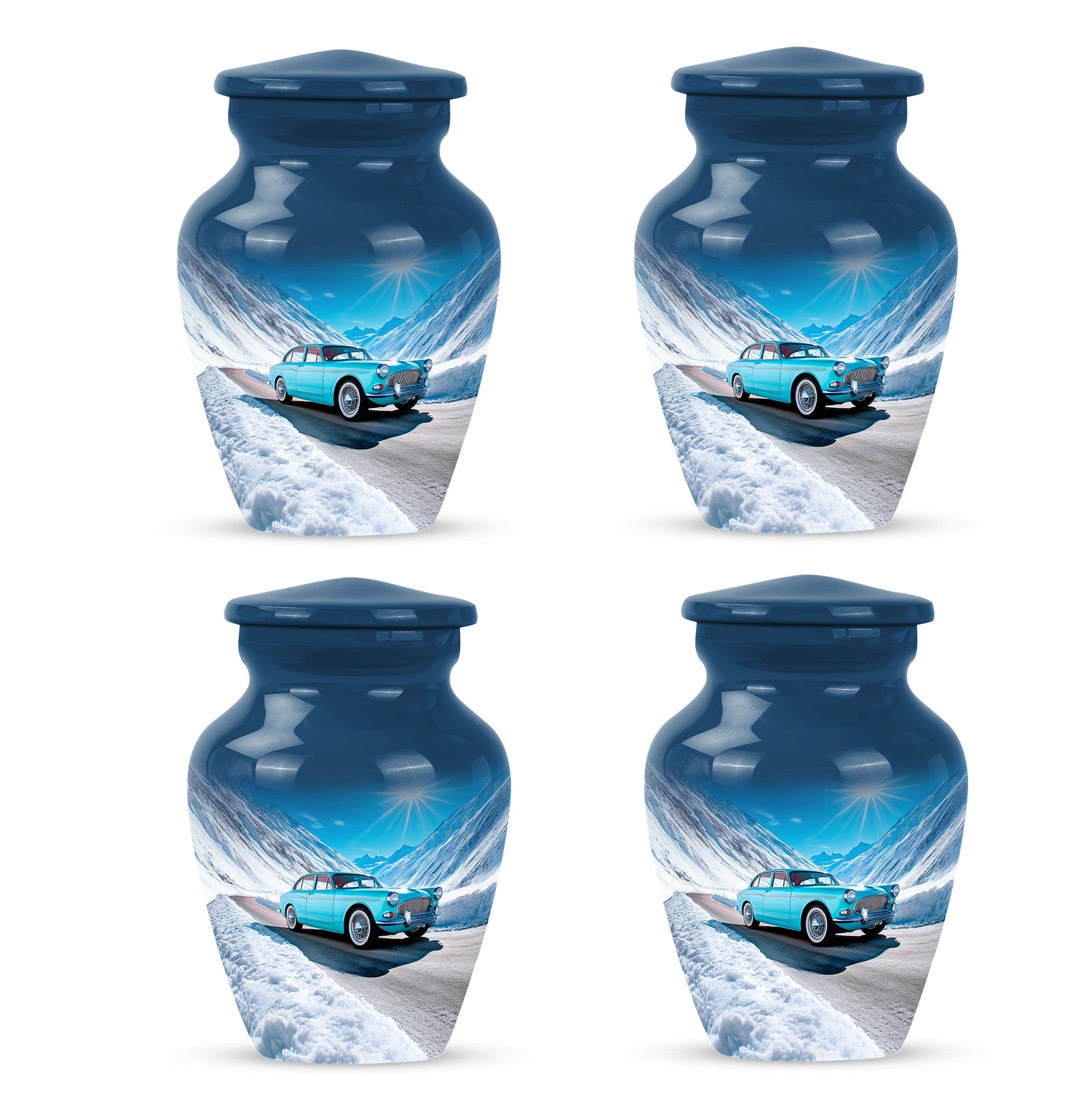 Pastel Blue Car Cremation Urn side profile showing urn shape - timeless car motif etched into premium metal - 10 inch aluminum urn for cremated remains