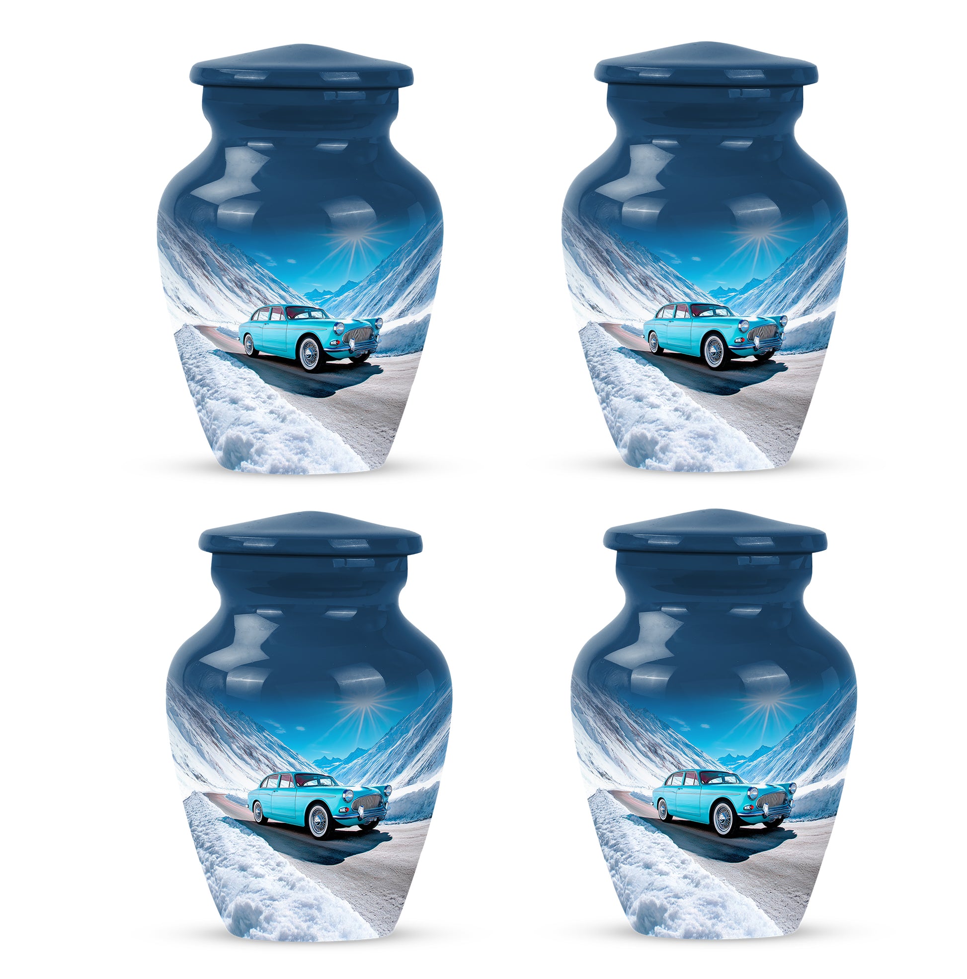 Pastel Blue Car Cremation Urn side profile showing urn shape - timeless car motif etched into premium metal - 10 inch aluminum urn for cremated remains