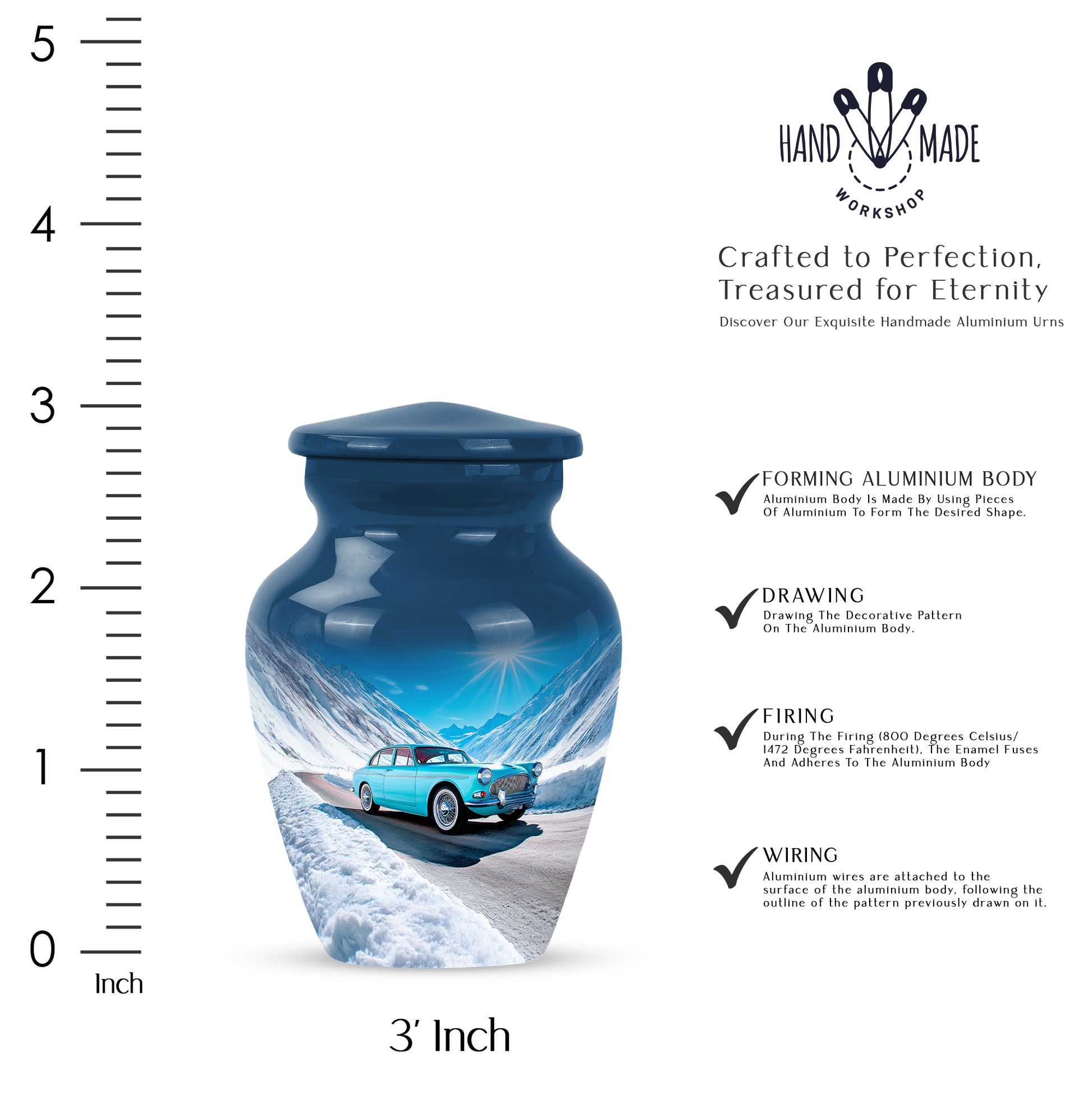 Steel Blue Car Cremation Urn close-up of engraving and surface detail - elegant classic car relief with fine detailing - mini keepsake memorial for portion of cremation ashes