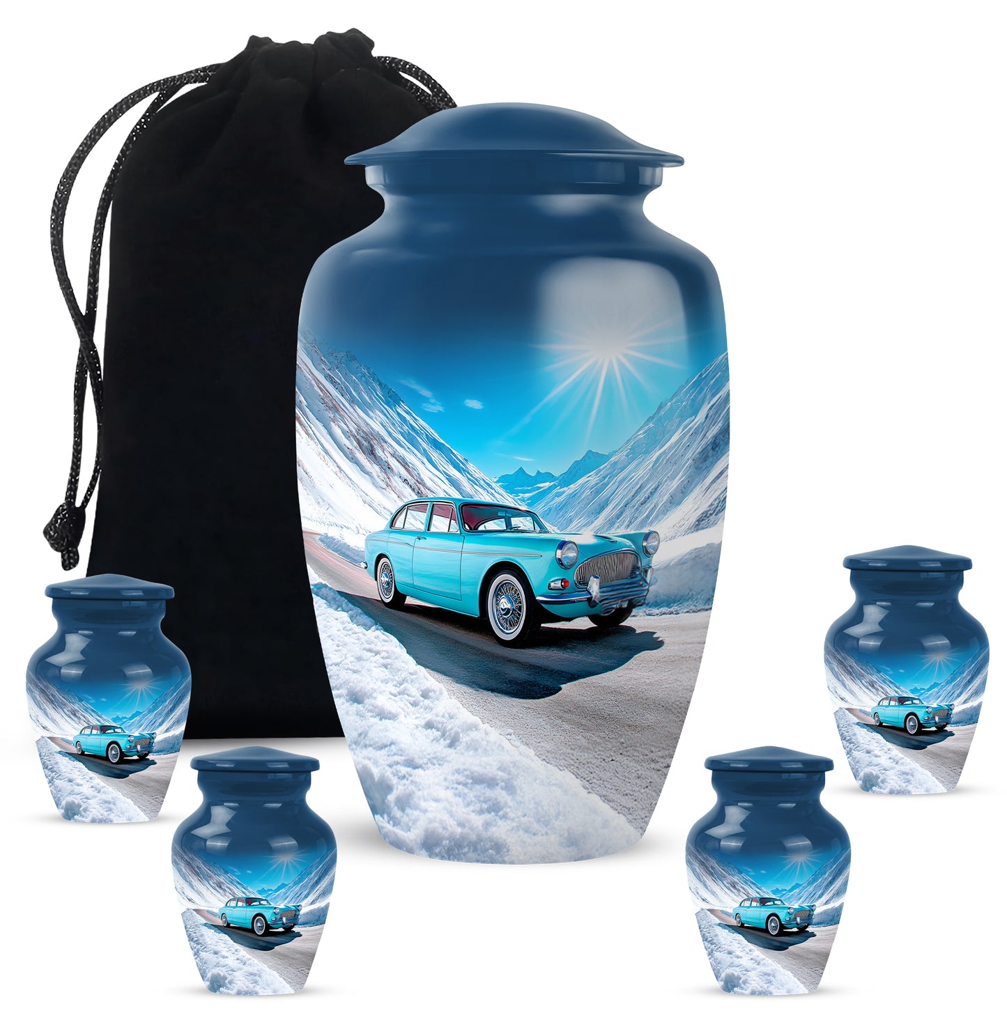 Azure Car Cremation Urn top-down view of secure threaded lid - classic sculpted car pattern on smooth aluminum - memorial set with one large and four small urns