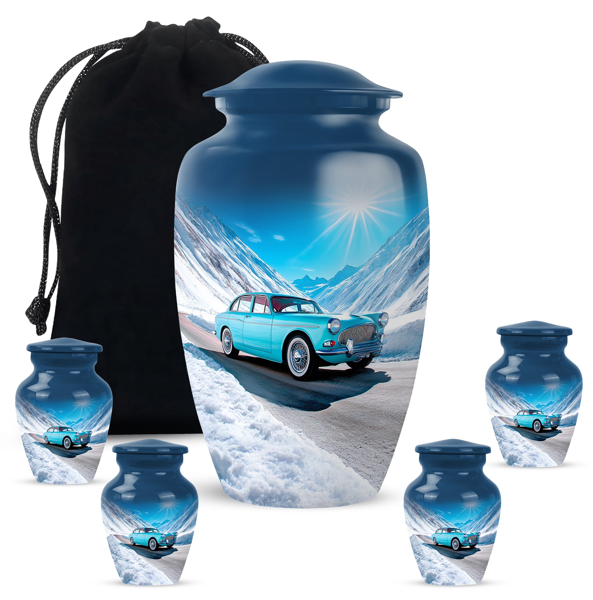 Azure Car Cremation Urn top-down view of secure threaded lid - classic sculpted car pattern on smooth aluminum - memorial set with one large and four small urns