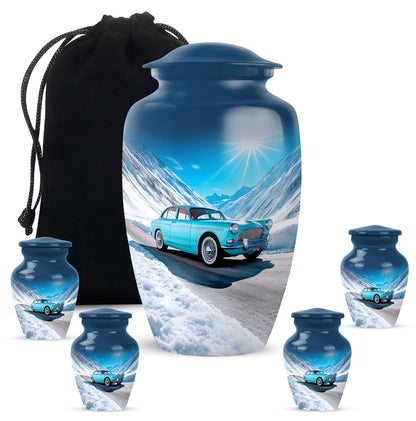 Azure Car Cremation Urn top-down view of secure threaded lid - classic sculpted car pattern on smooth aluminum - memorial set with one large and four small urns