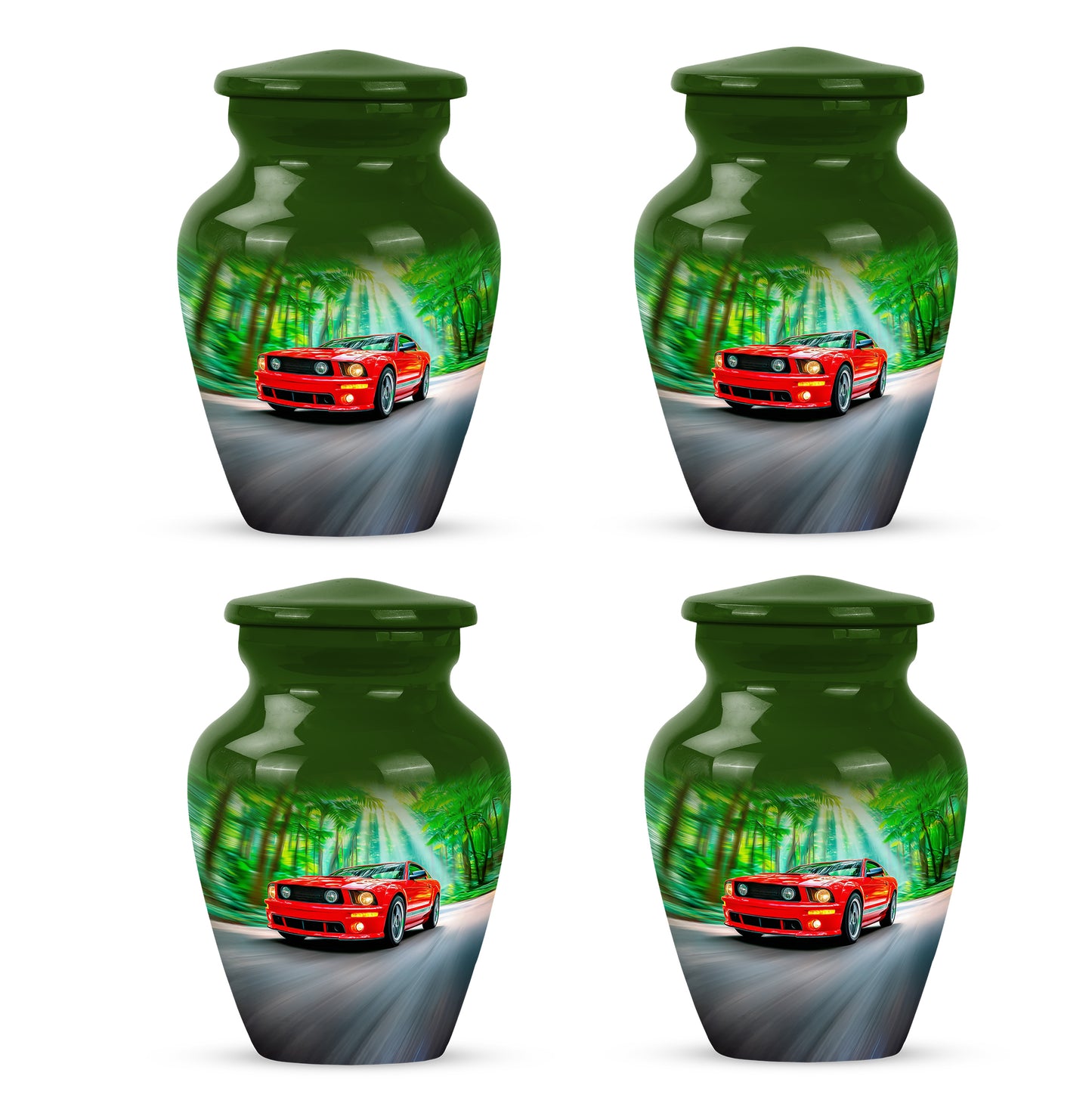Hunter Green Car Cremation Urn side profile showing urn shape - elegant classic car relief with fine detailing - 10 inch aluminum urn for cremated remains
