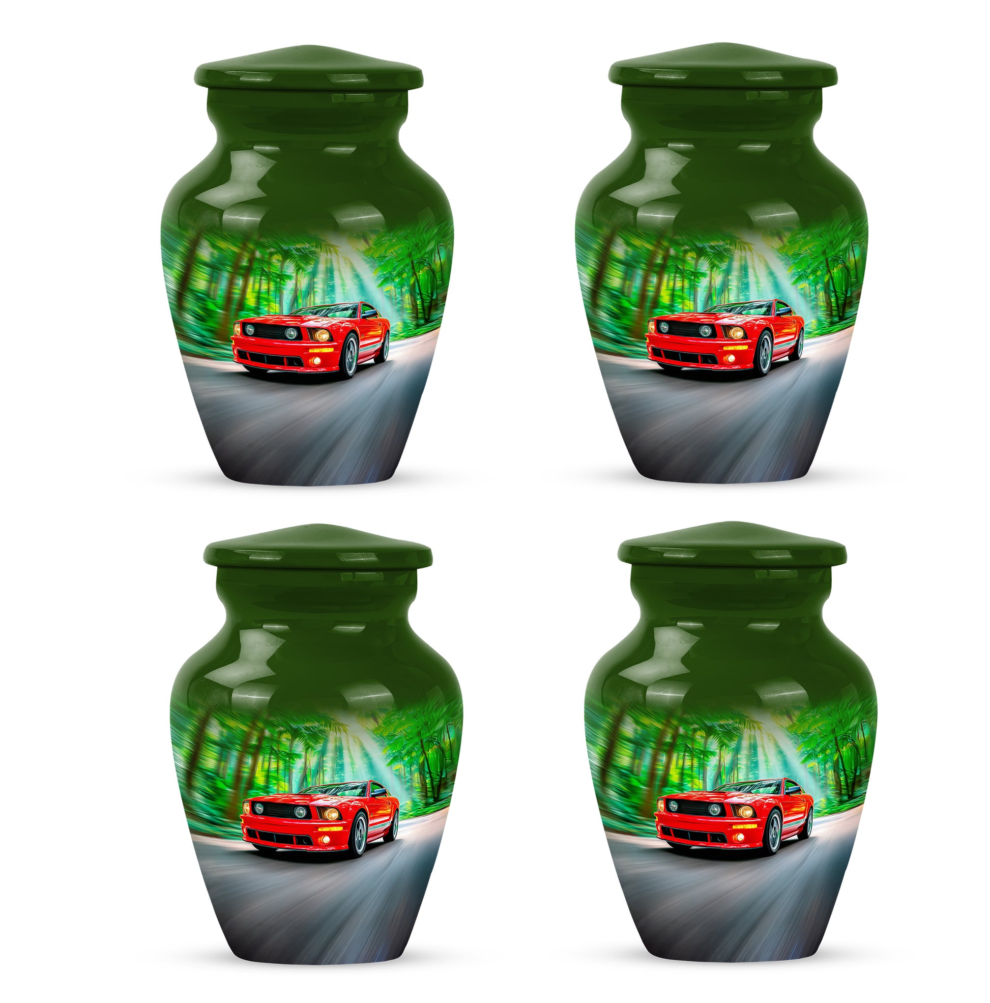 Hunter Green Car Cremation Urn side profile showing urn shape - elegant classic car relief with fine detailing - 10 inch aluminum urn for cremated remains